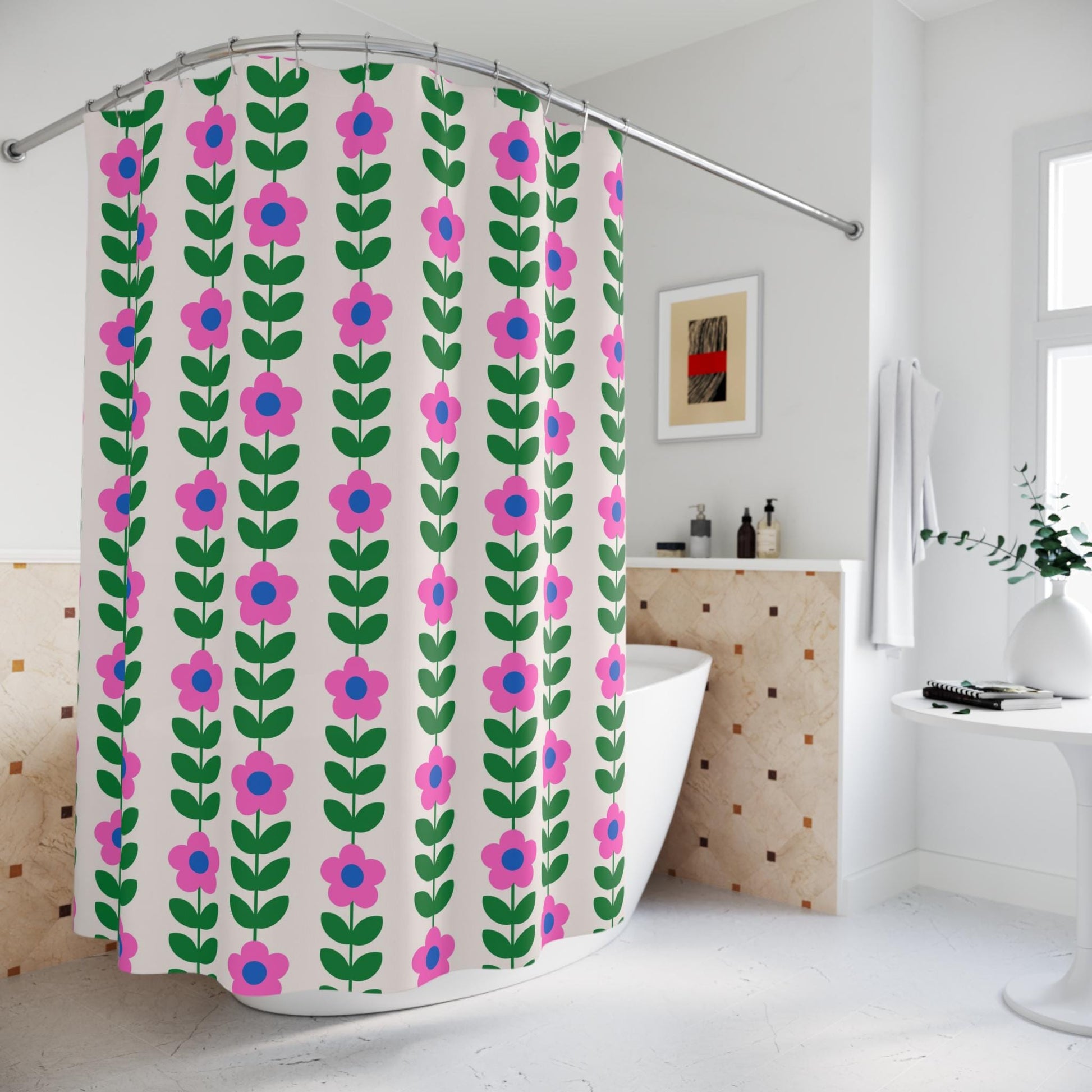 Retro flower shower curtain, bold pink green floral print decor, dopamine vintage aesthetic bath style, colorful girly home update, gift