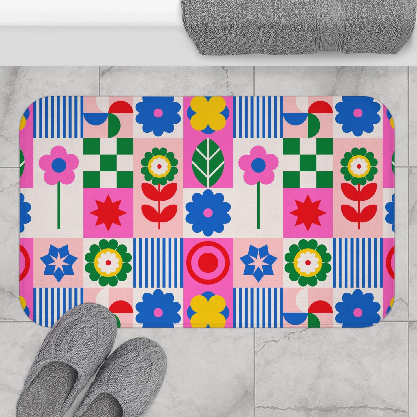 Retro flower shower curtain, dopamine overload bathroom decor, bold 70s pop art style, colorful maximalist home aesthetic, y2k gift ide