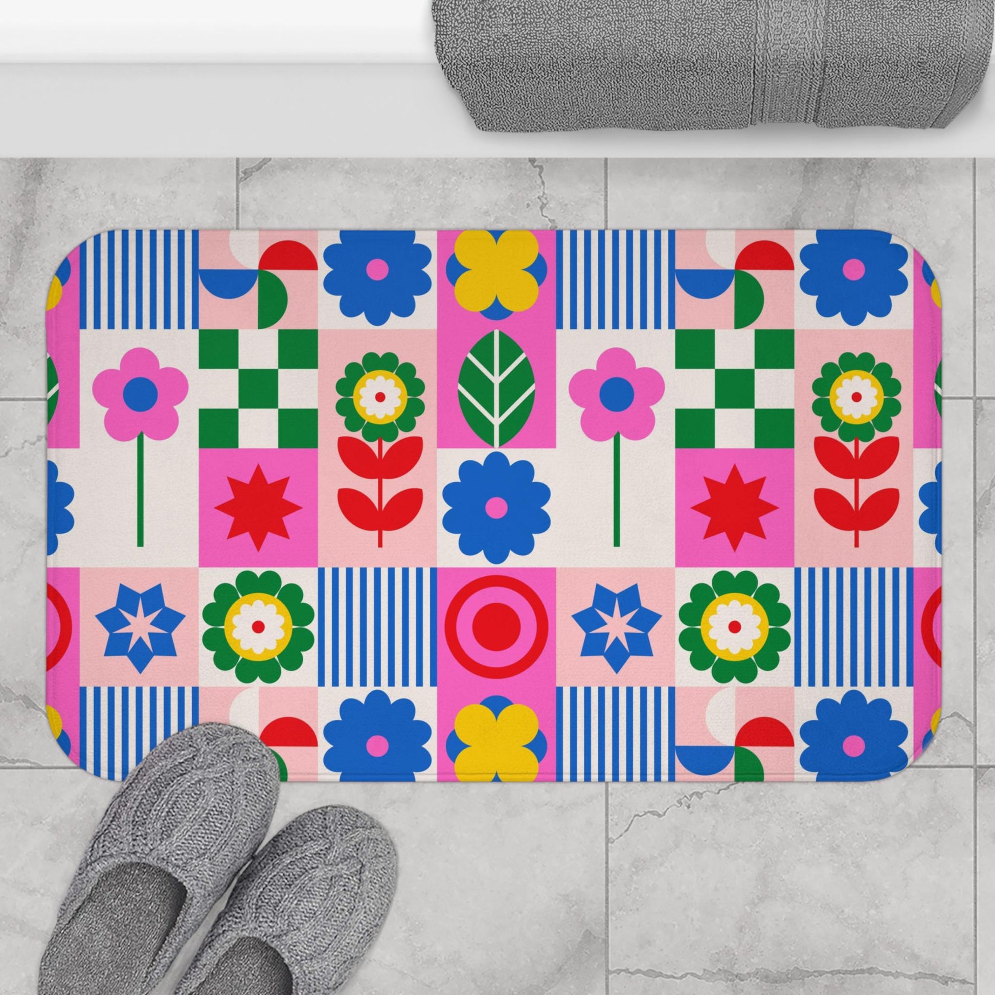 Retro flower shower curtain, dopamine overload bathroom decor, bold 70s pop art style, colorful maximalist home aesthetic, y2k gift ide