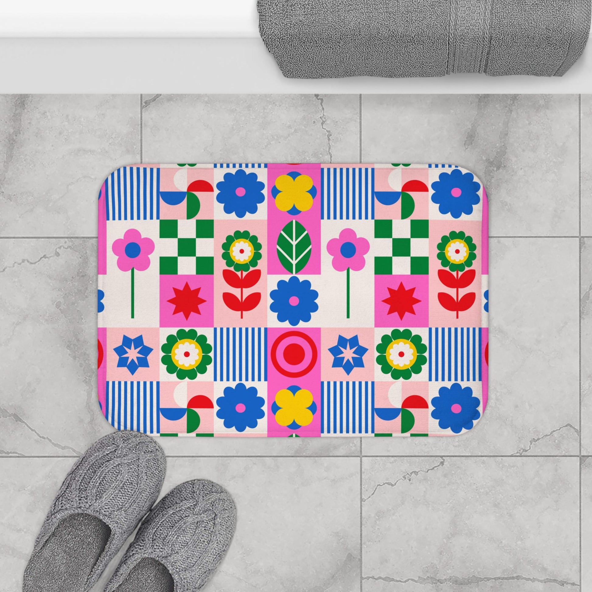 Retro flower shower curtain, dopamine overload bathroom decor, bold 70s pop art style, colorful maximalist home aesthetic, y2k gift ide
