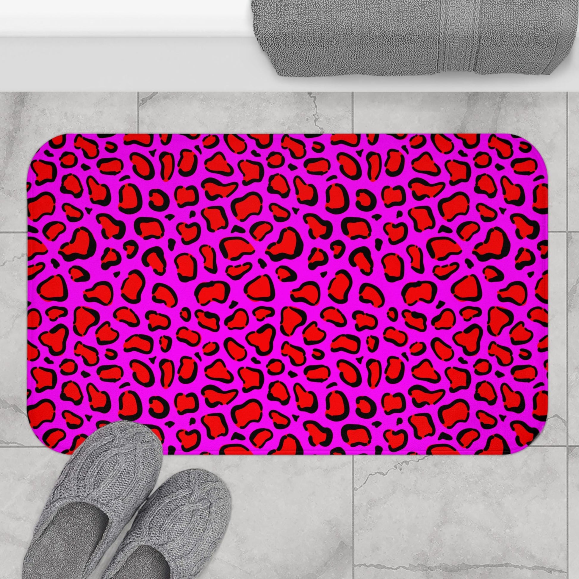 Hot pink leopard shower curtain, dopamine wild bathroom decor, bold animal print baddie aesthetic, y2k maximalist alt bath style, gift idea