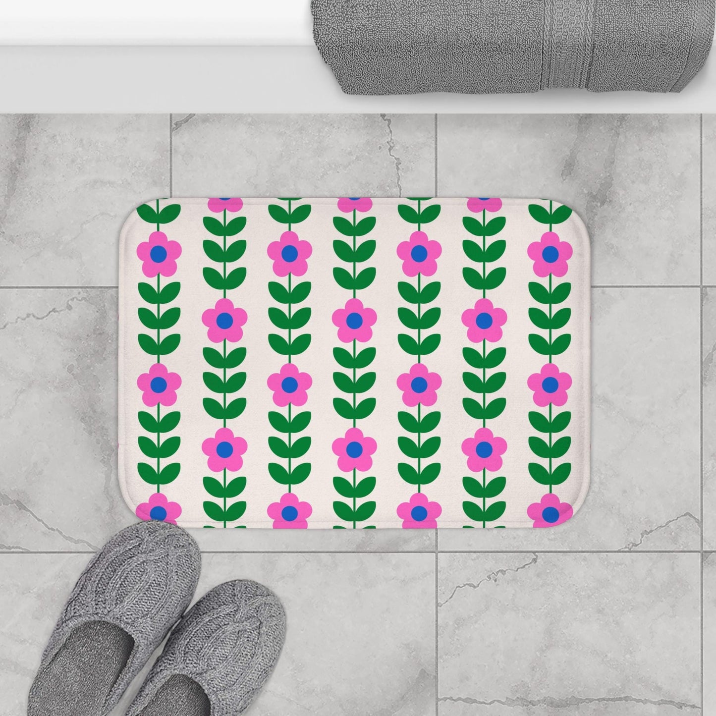 Retro flower shower curtain, bold pink green floral print decor, dopamine vintage aesthetic bath style, colorful girly home update, gift