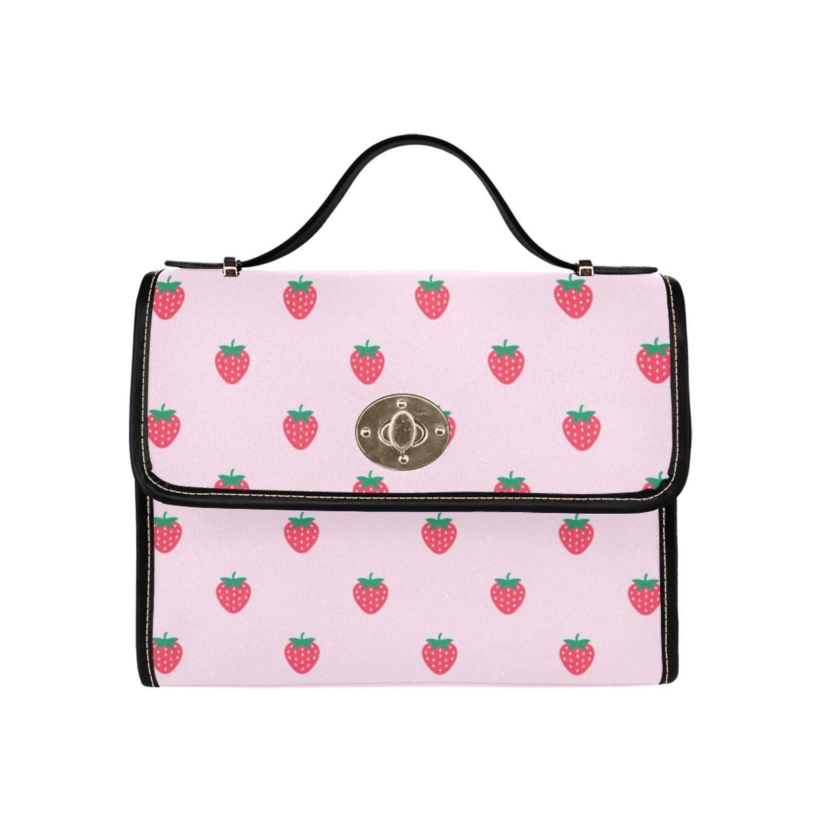 Pink Strawberry Print Satchel Bag, Kawaii Crossbody Handbag, Summer Fruit Purse