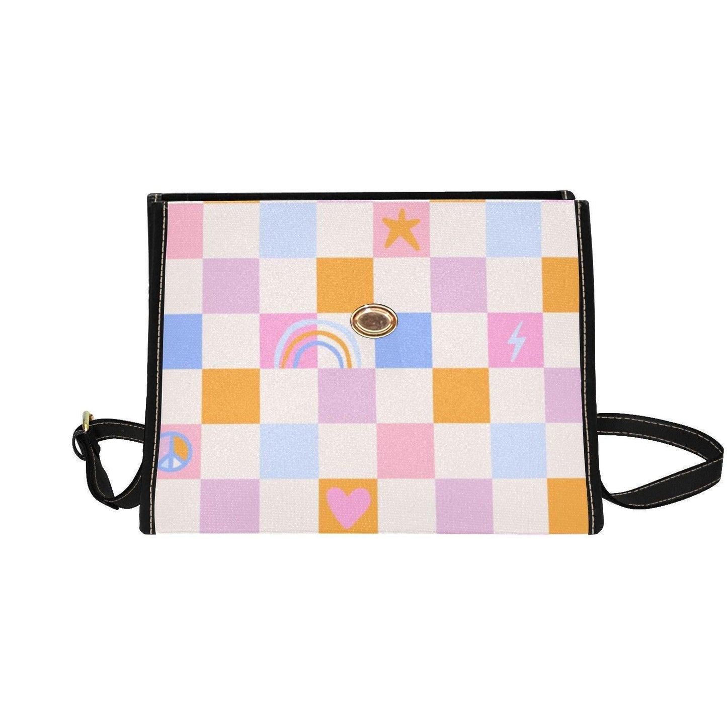 Pastel Checkerboard Peace Bag, Retro Grid Heart Top Handle Purse, Waterproof Canvas, Cute Festival Crossbody