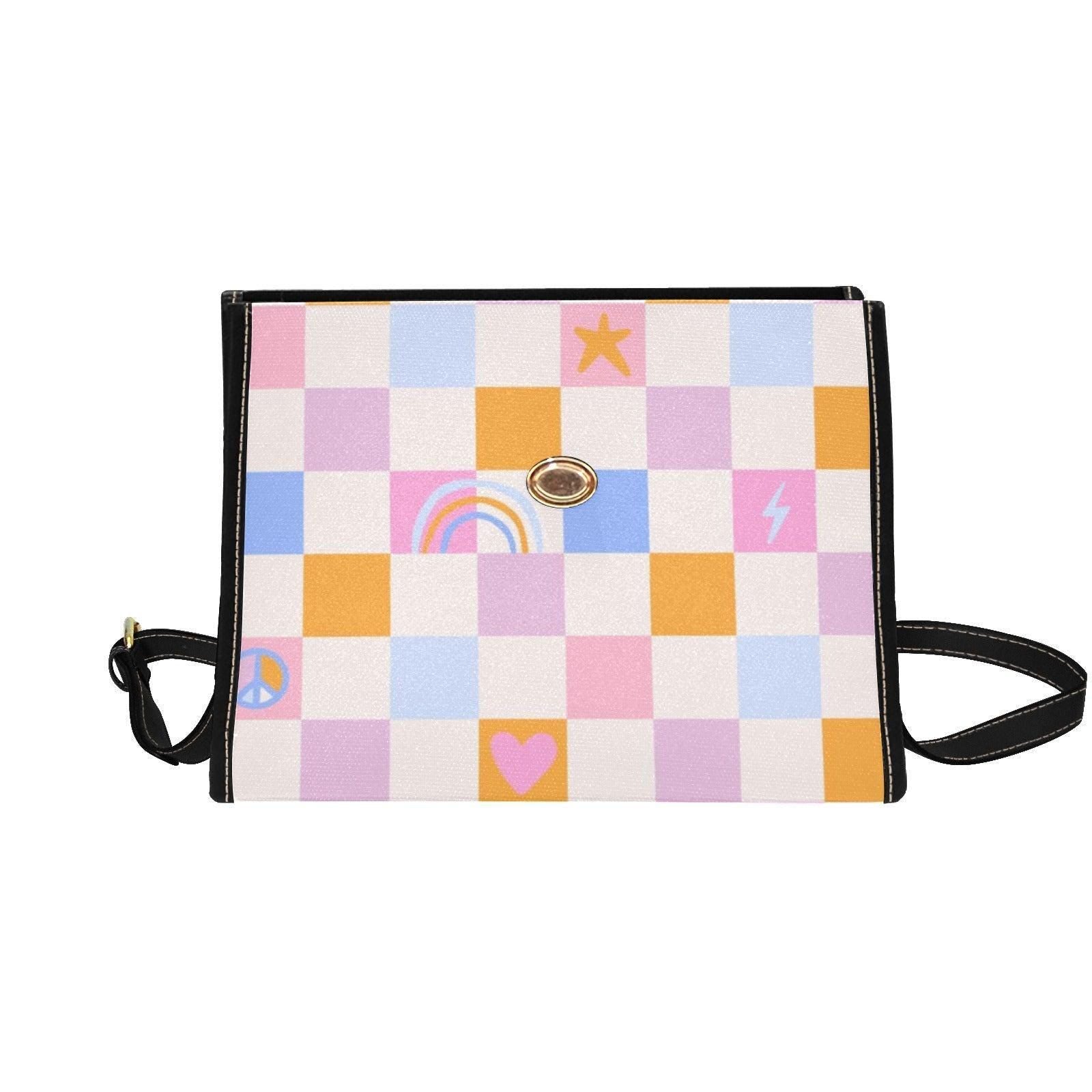 Pastel Checkerboard Peace Bag, Retro Grid Heart Top Handle Purse, Waterproof Canvas, Cute Festival Crossbody