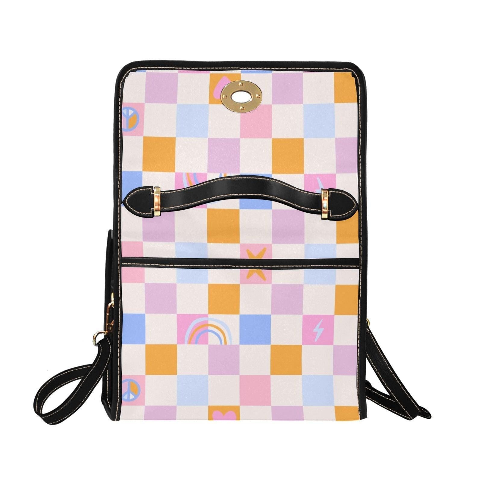 Pastel Checkerboard Peace Bag, Retro Grid Heart Top Handle Purse, Waterproof Canvas, Cute Festival Crossbody