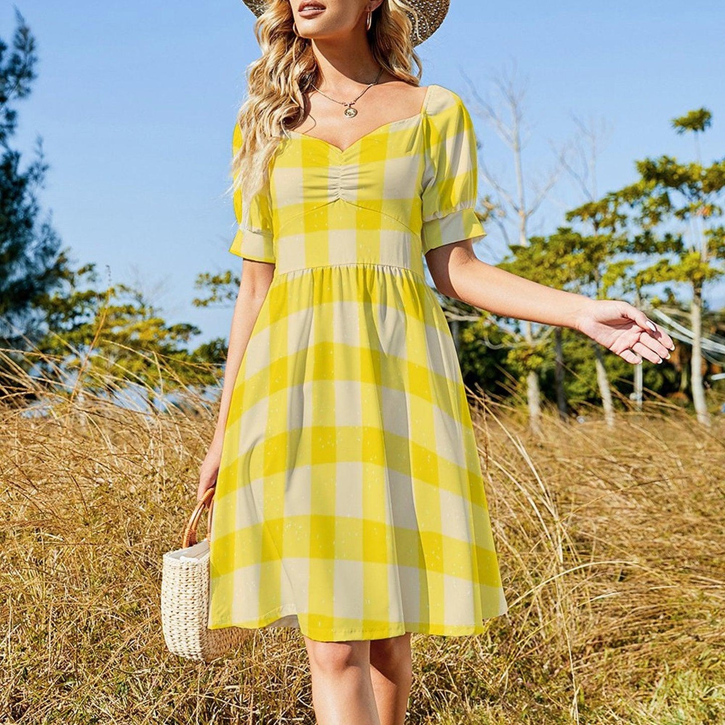 Yellow Gingham Puff Sleeve Midi Dress, Cottagecore Picnic Style, Retro Summer Outfit