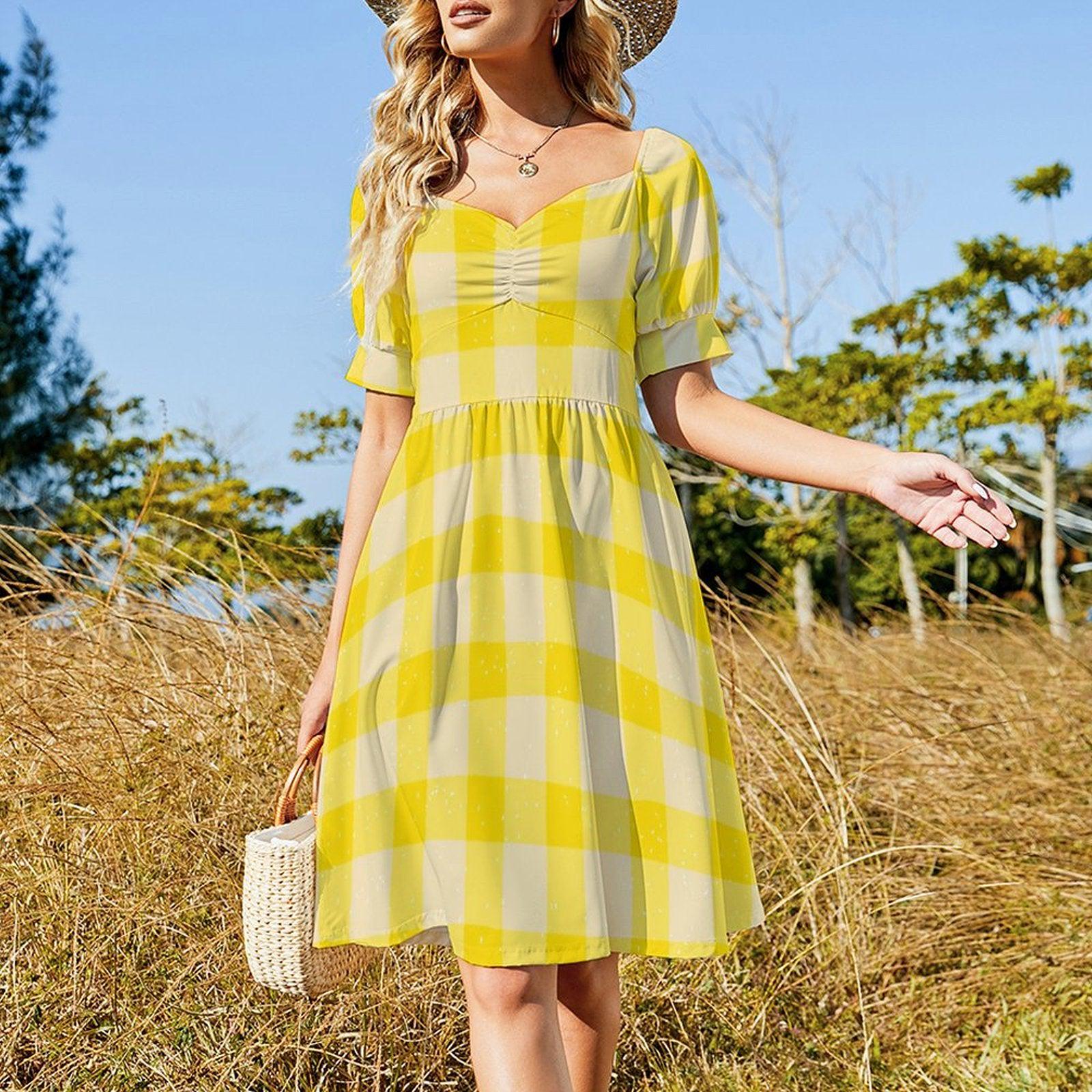 Yellow Gingham Puff Sleeve Midi Dress, Cottagecore Picnic Style, Retro Summer Outfit
