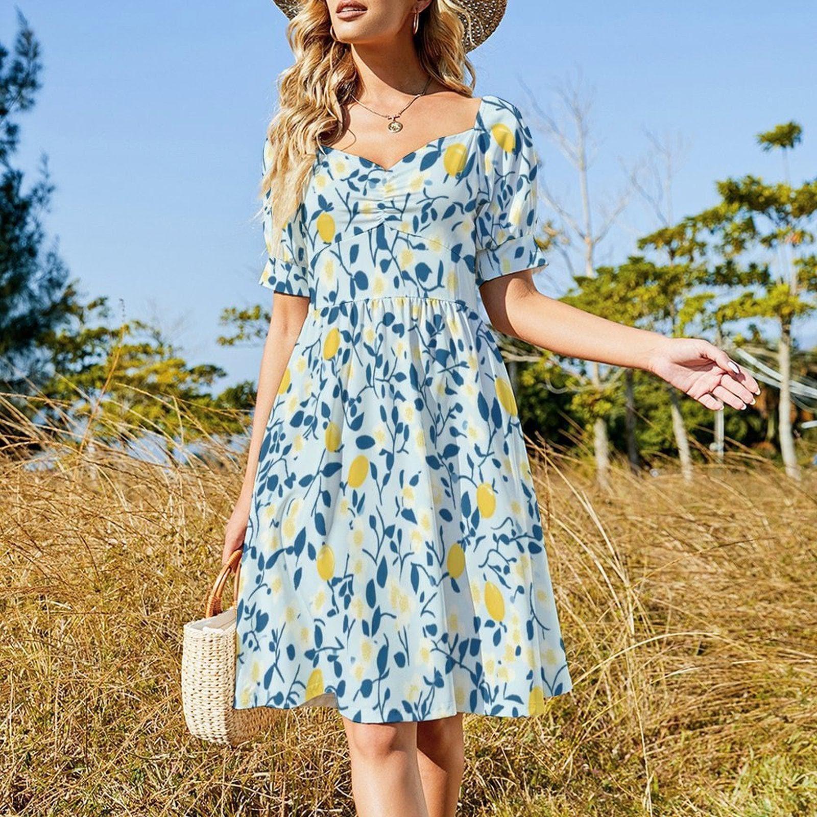 Whimsical Lemon Print Dress, Soft Cottagecore Picnic Style, Puff Sleeve Summer Midi, Fruit Aesthetic Garden Outfit,Sweet Retro Vacation Look