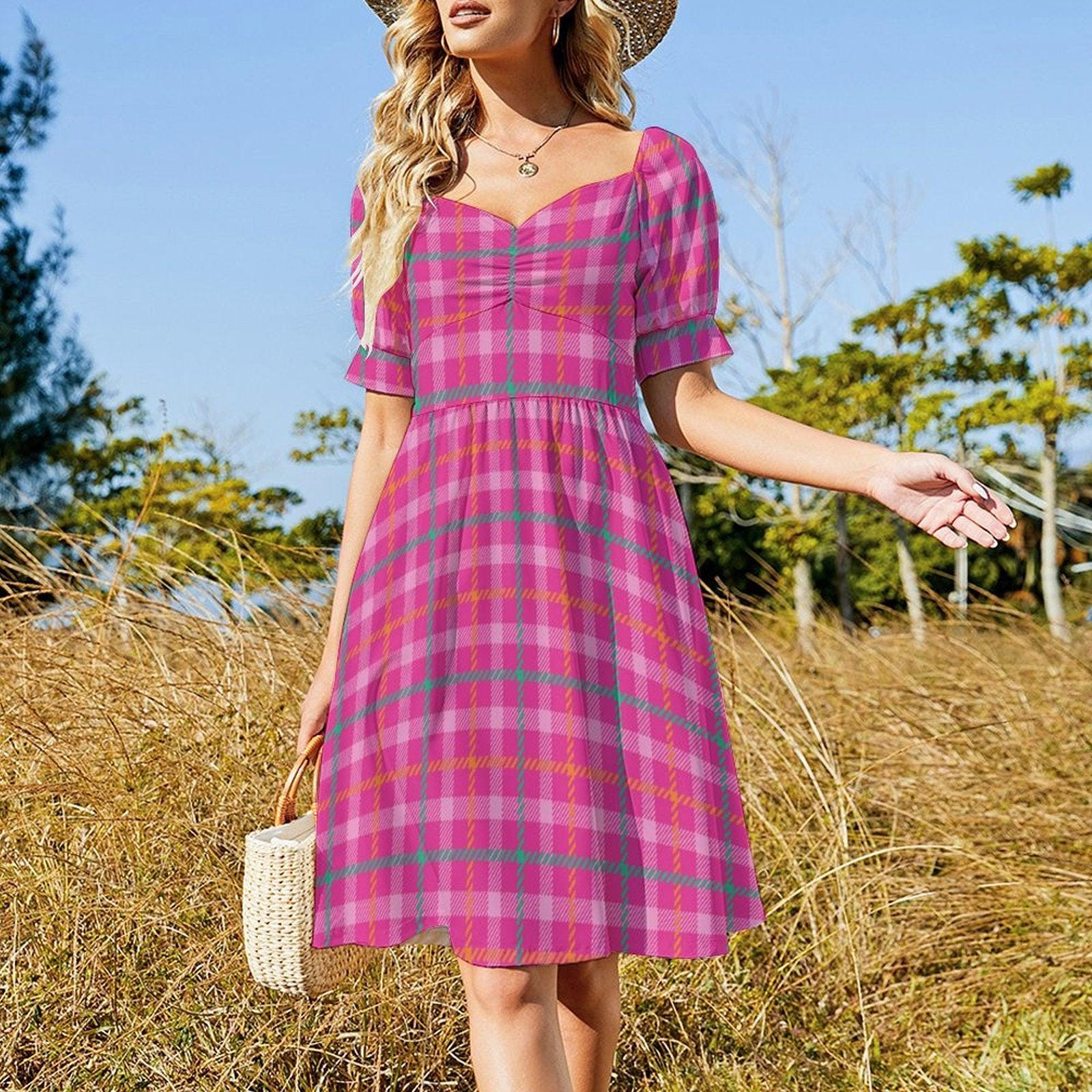 Bright Plaid Picnic Dress, Fairycore Cottage Midi, Colorful Girlcore Aesthetic Outfit, Puff Sleeve Brunch Dress, Retro Picnic Day Dress