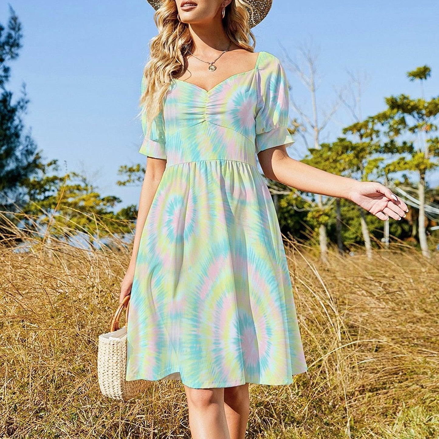 Pastel Tie Dye Midi Dress, Puff Sleeves, Vintage Style
