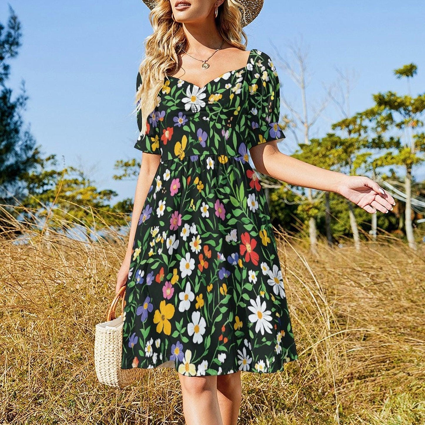 Dark Floral Midi Dress, Vintage Puff Sleeve Dress, Cottagecore Summer Outfit,Floral Garden Clothing,Romantic Fairycore Dress,Retro Tea Party