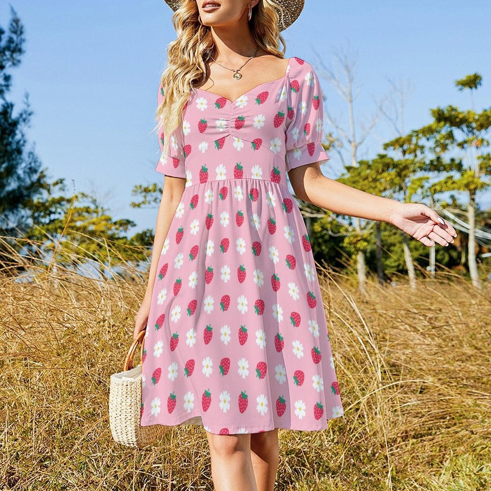 Berry Daisy Midi Dress, Pink Strawberry Outfit, Cute Cottagecore Fashion, Puff Sleeve Summer Dress, Pastel Picnic Clothing,Girly Fairy Dress