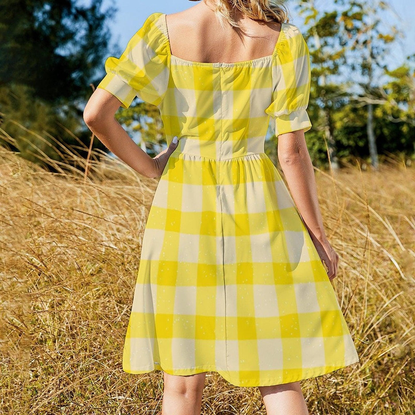 Yellow Gingham Puff Sleeve Midi Dress, Cottagecore Picnic Style, Retro Summer Outfit