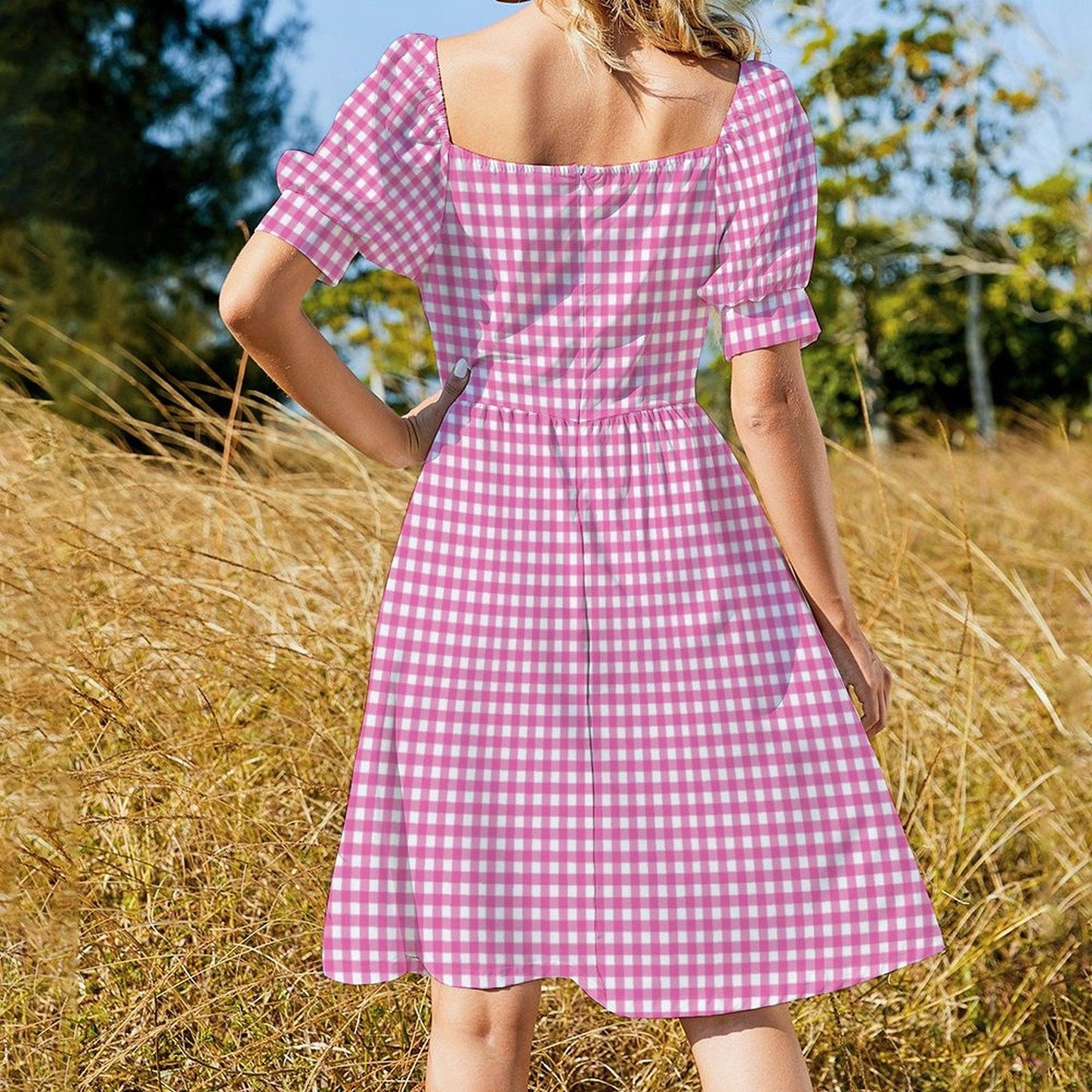 Tiny Check Pink Dress, Gingham Summer Brunch Outfit, Romantic Picnic Girlcore Look, Cottagecore Midi Puff Sleeve Dress, Pink Soft Style