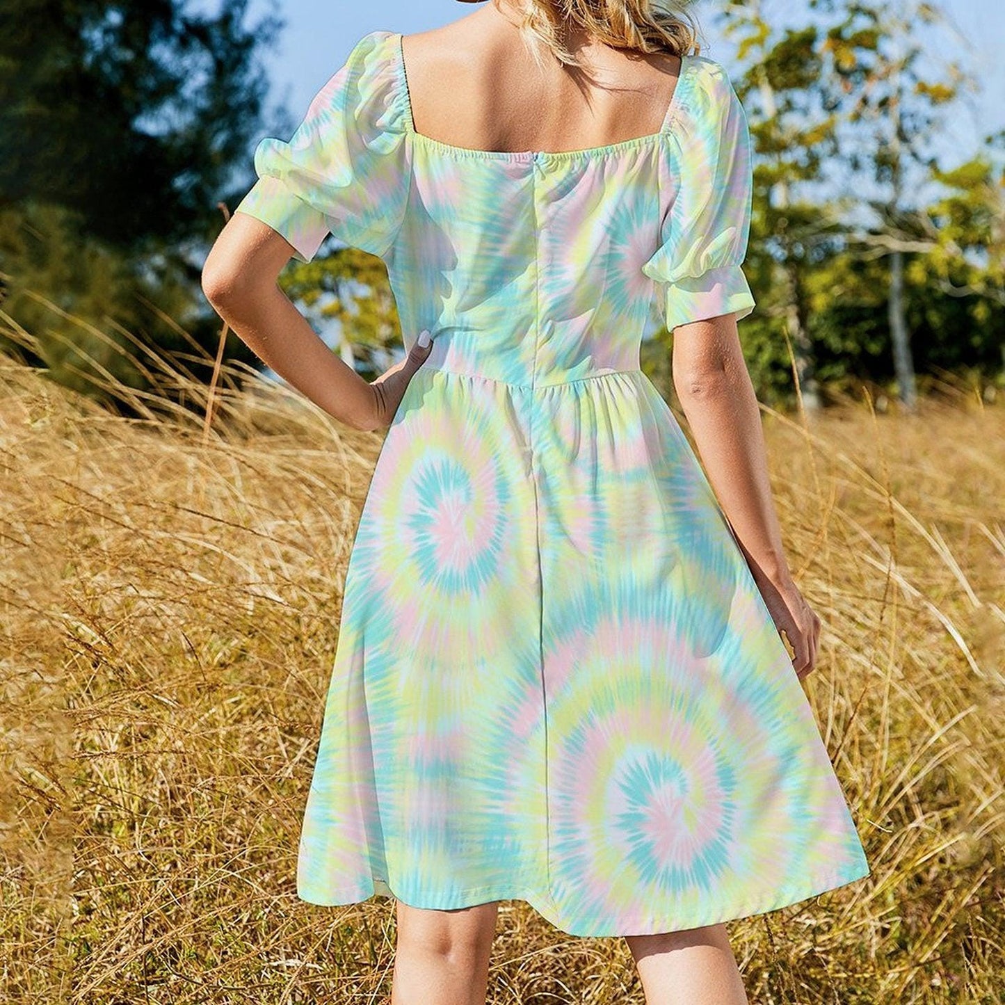 Pastel Tie Dye Midi Dress, Puff Sleeves, Vintage Style