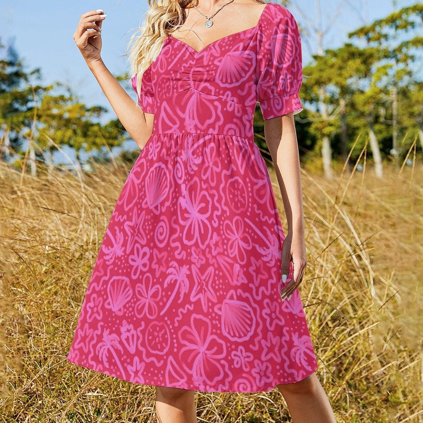 Hot Pink Vacation Dress, Retro Floral Midi Dress, Vintage Puff Sleeve Dress, Girly Summer Sundress,Hawaiian Cottage Dress,Resort Party Dress