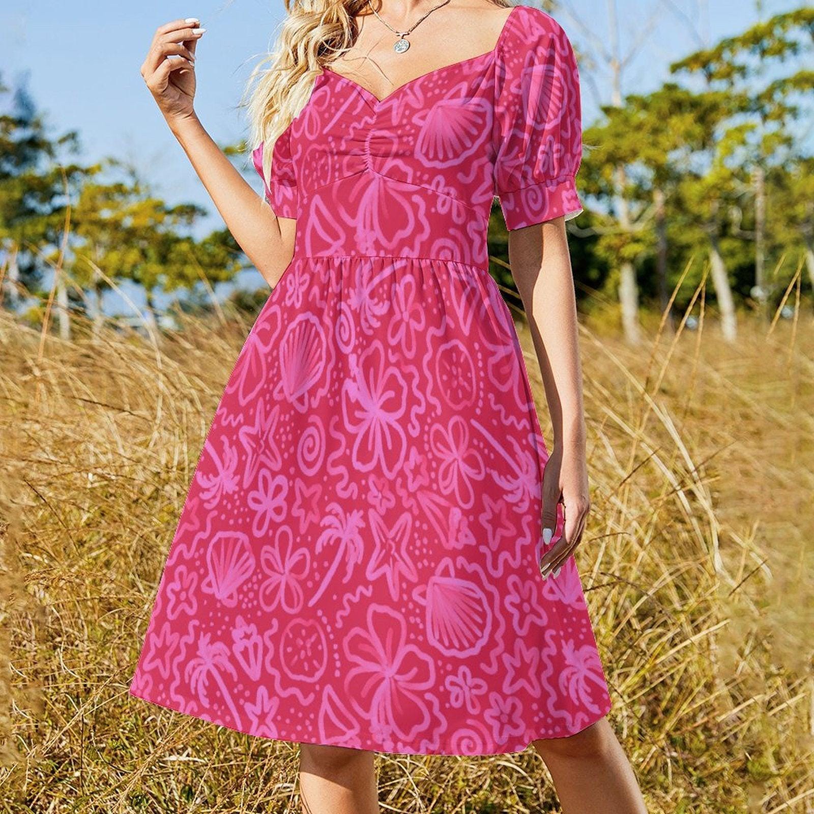 Hot Pink Vacation Dress, Retro Floral Midi Dress, Vintage Puff Sleeve Dress, Girly Summer Sundress,Hawaiian Cottage Dress,Resort Party Dress