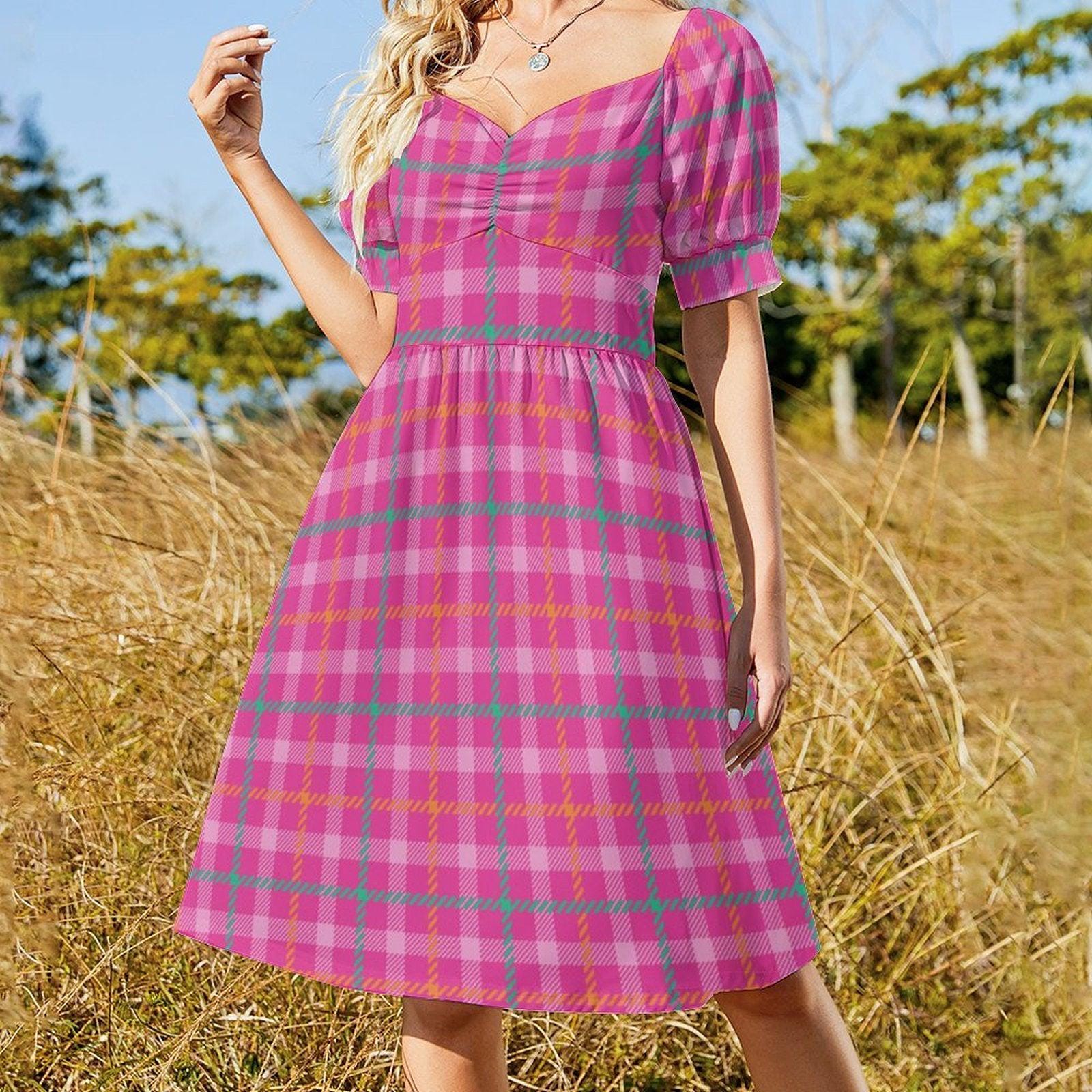 Bright Plaid Picnic Dress, Fairycore Cottage Midi, Colorful Girlcore Aesthetic Outfit, Puff Sleeve Brunch Dress, Retro Picnic Day Dress