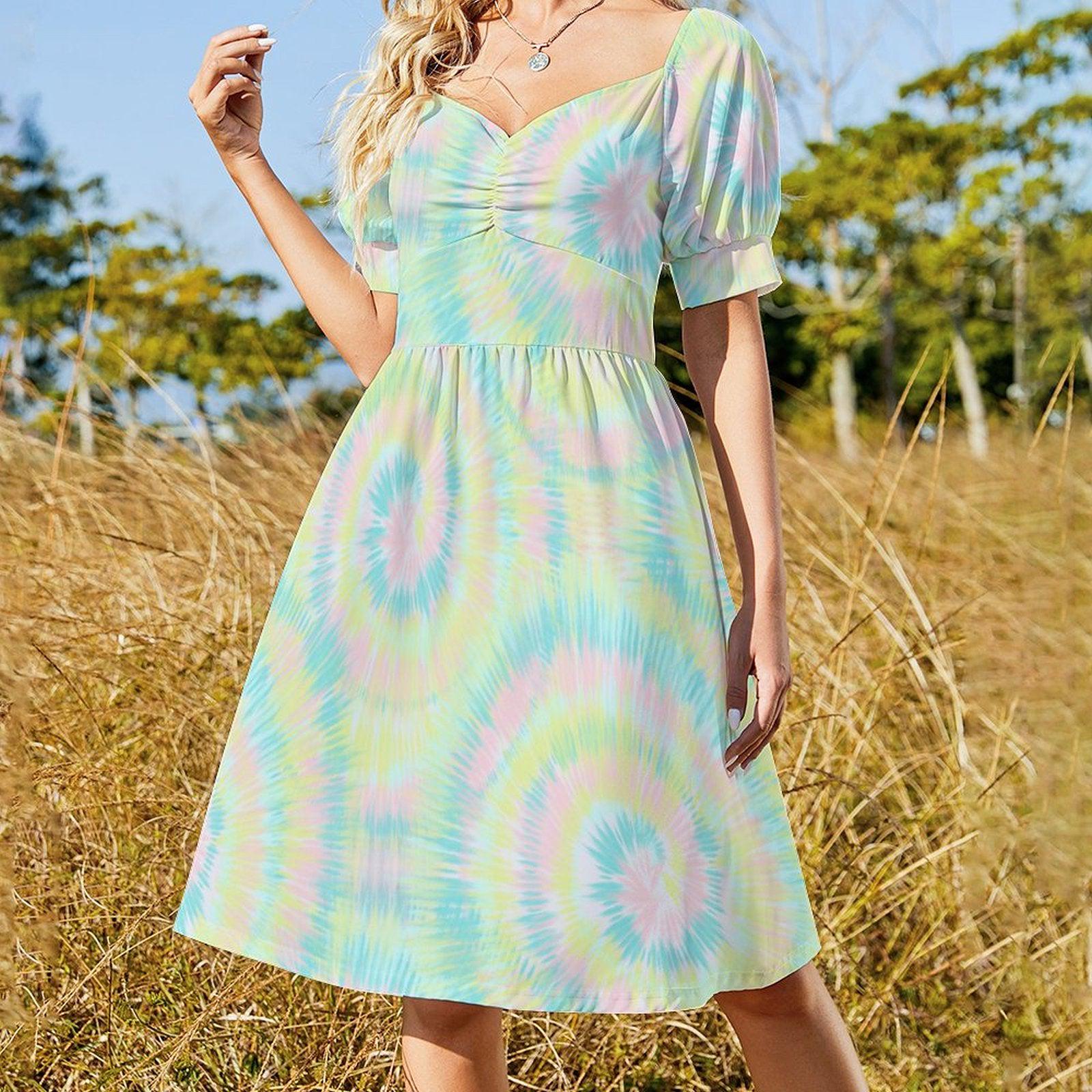 Pastel Tie Dye Midi Dress, Puff Sleeves, Vintage Style