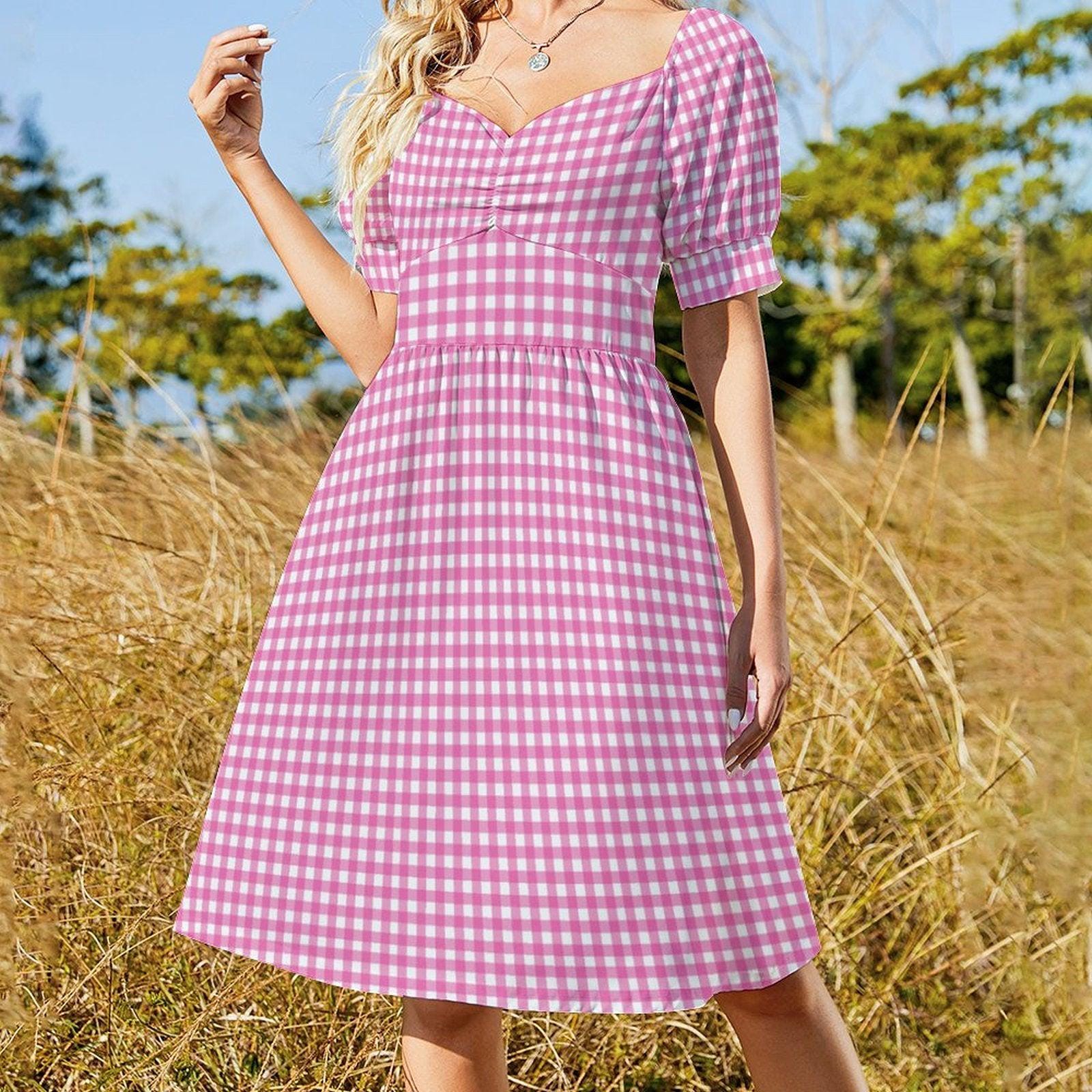Tiny Check Pink Dress, Gingham Summer Brunch Outfit, Romantic Picnic Girlcore Look, Cottagecore Midi Puff Sleeve Dress, Pink Soft Style