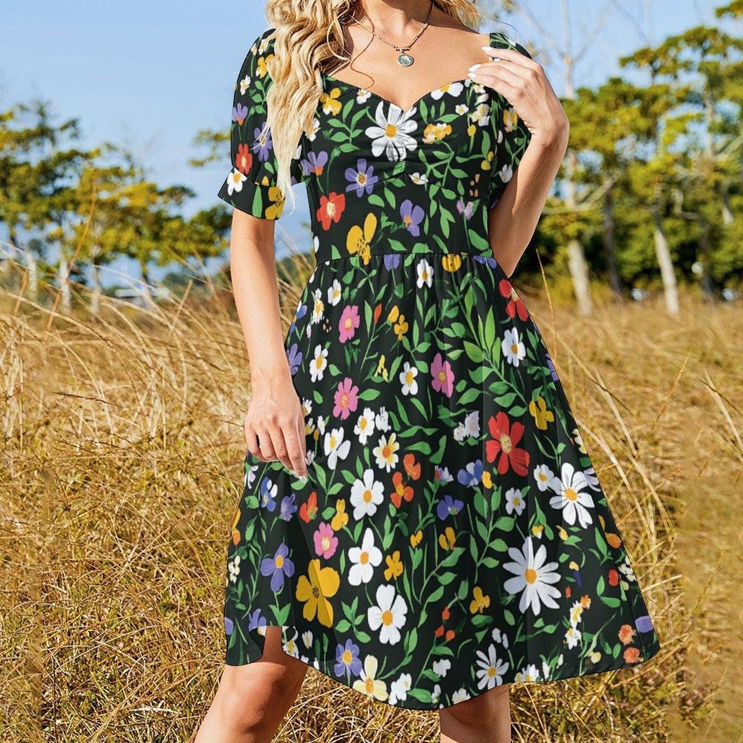 Dark Floral Midi Dress, Vintage Puff Sleeve Dress, Cottagecore Summer Outfit,Floral Garden Clothing,Romantic Fairycore Dress,Retro Tea Party