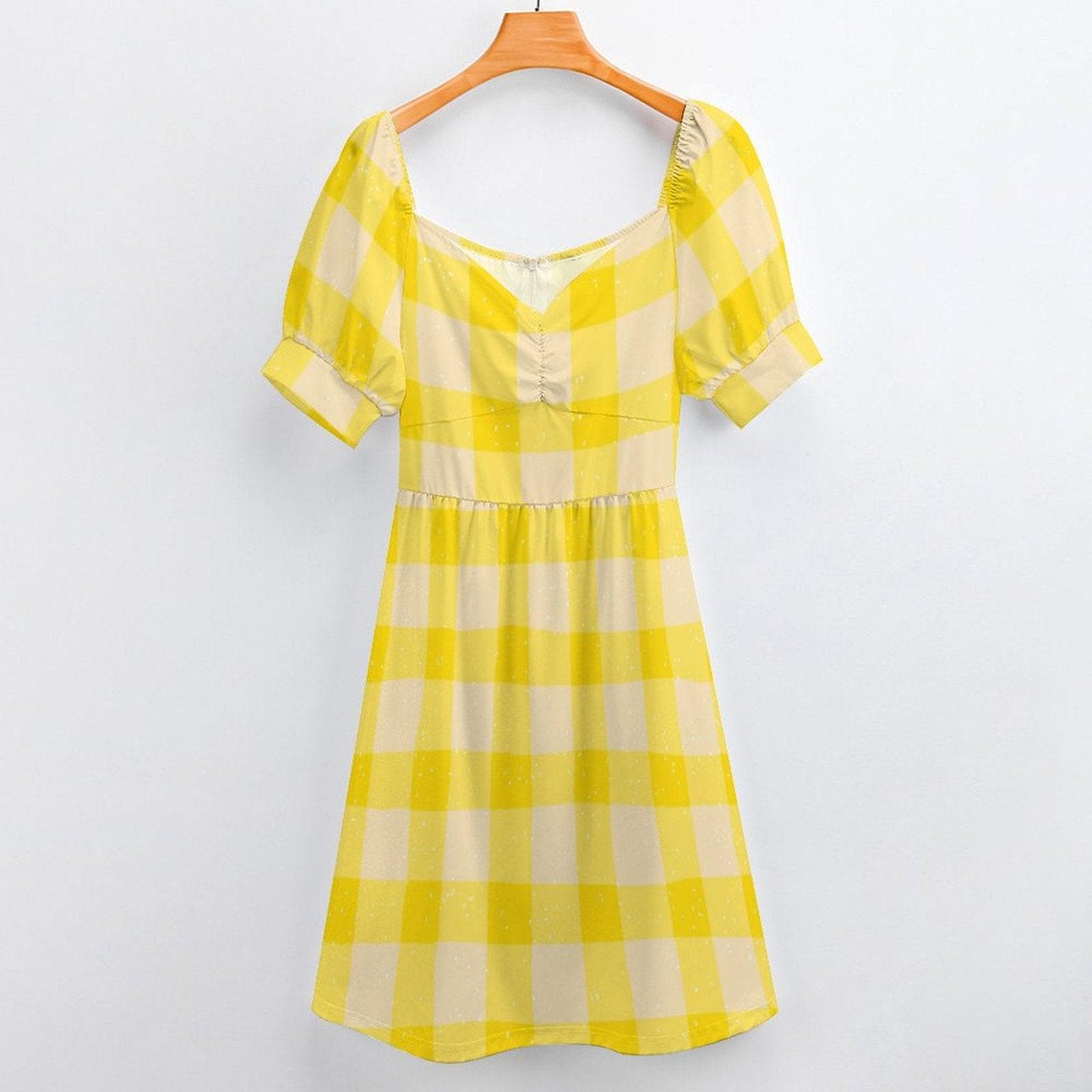 Yellow Gingham Puff Sleeve Midi Dress, Cottagecore Picnic Style, Retro Summer Outfit