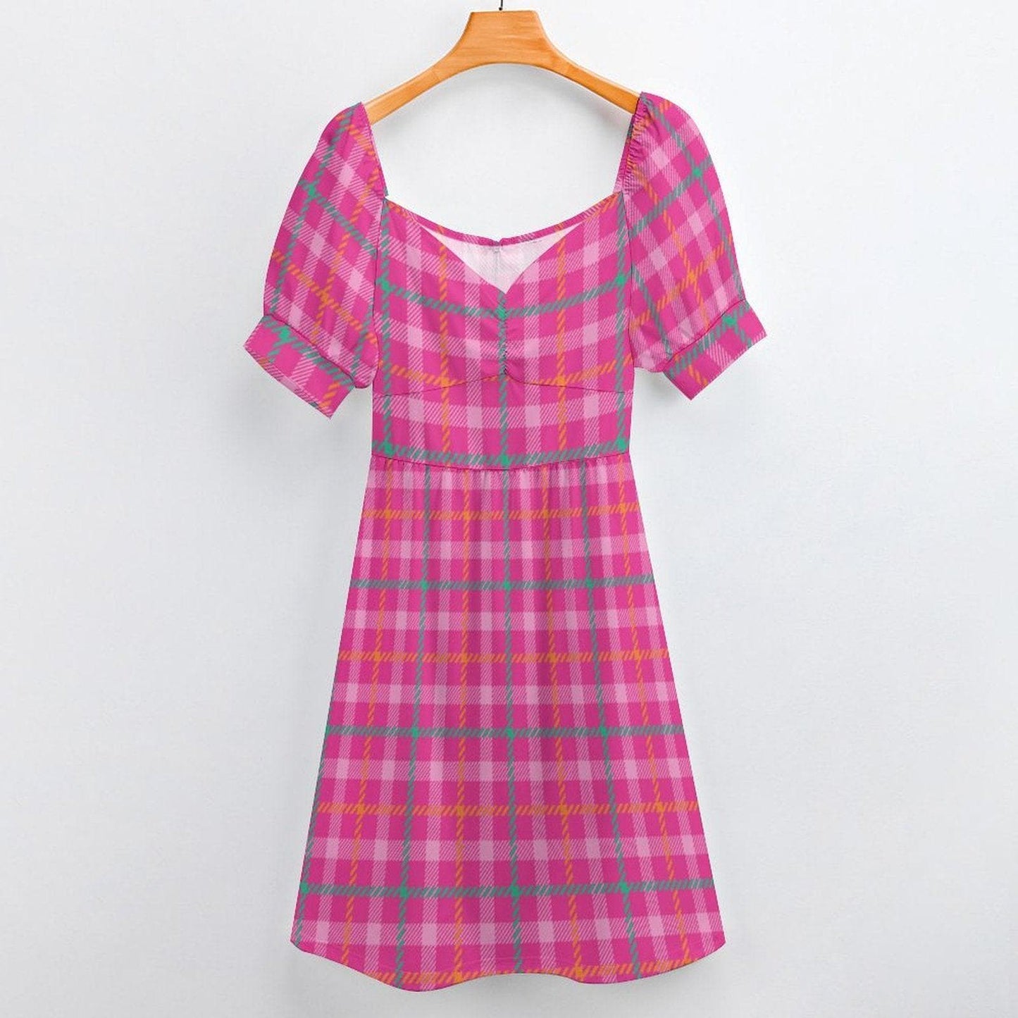 Bright Plaid Picnic Dress, Fairycore Cottage Midi, Colorful Girlcore Aesthetic Outfit, Puff Sleeve Brunch Dress, Retro Picnic Day Dress