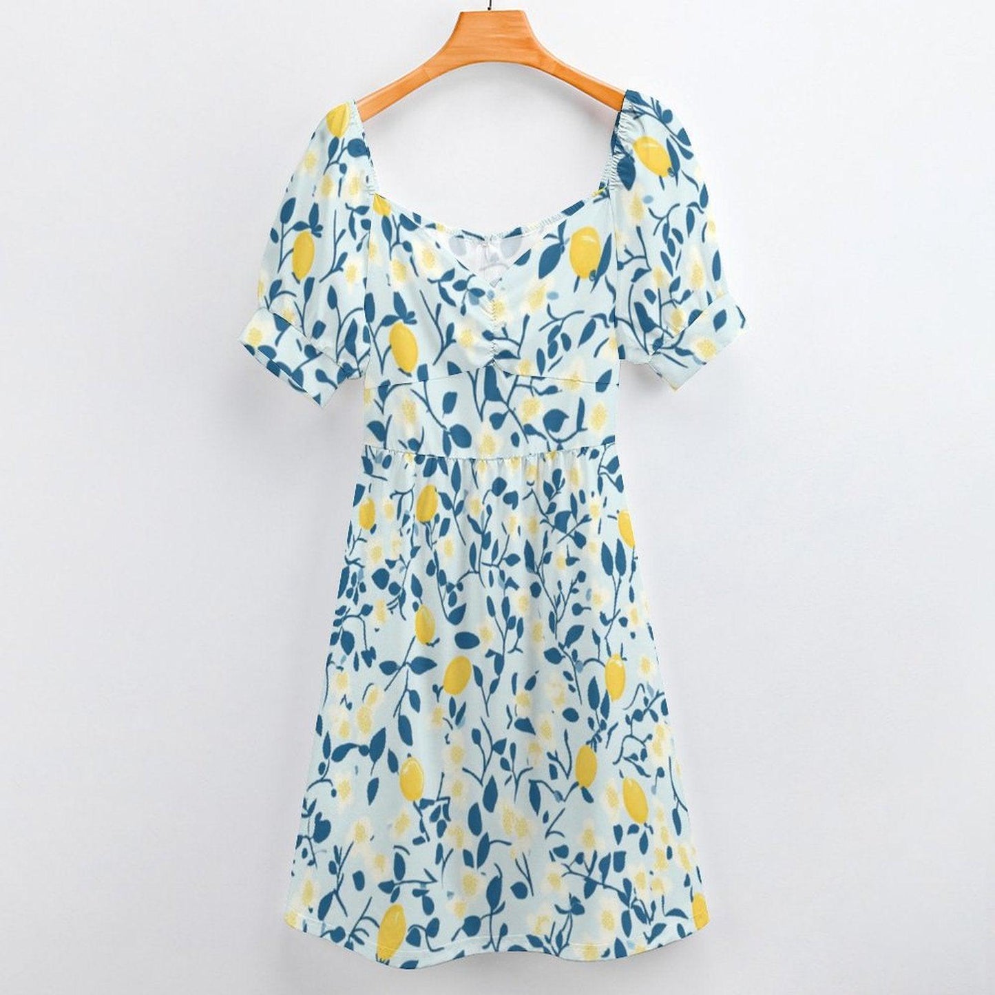 Whimsical Lemon Print Dress, Soft Cottagecore Picnic Style, Puff Sleeve Summer Midi, Fruit Aesthetic Garden Outfit,Sweet Retro Vacation Look