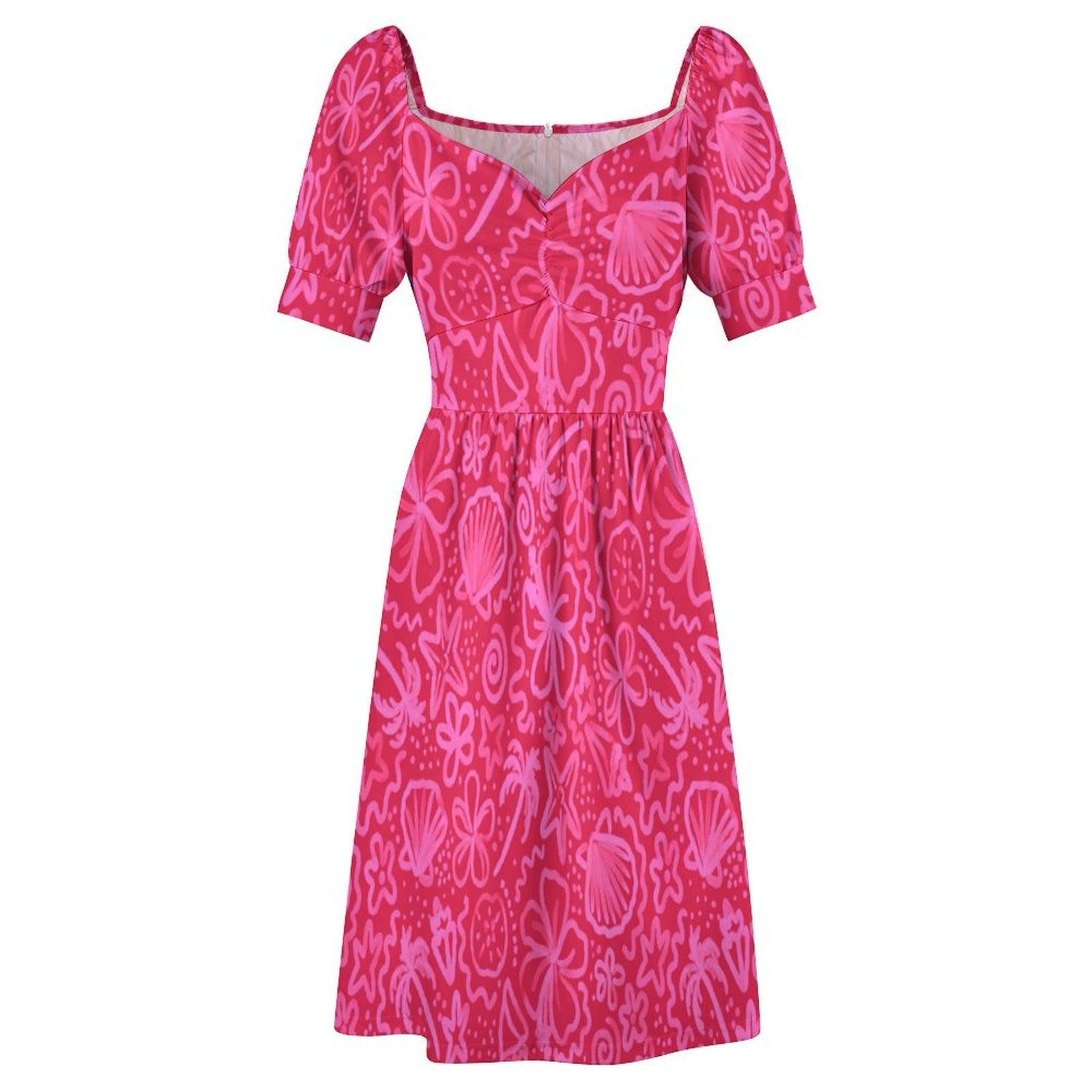 Hot Pink Vacation Dress, Retro Floral Midi Dress, Vintage Puff Sleeve Dress, Girly Summer Sundress,Hawaiian Cottage Dress,Resort Party Dress