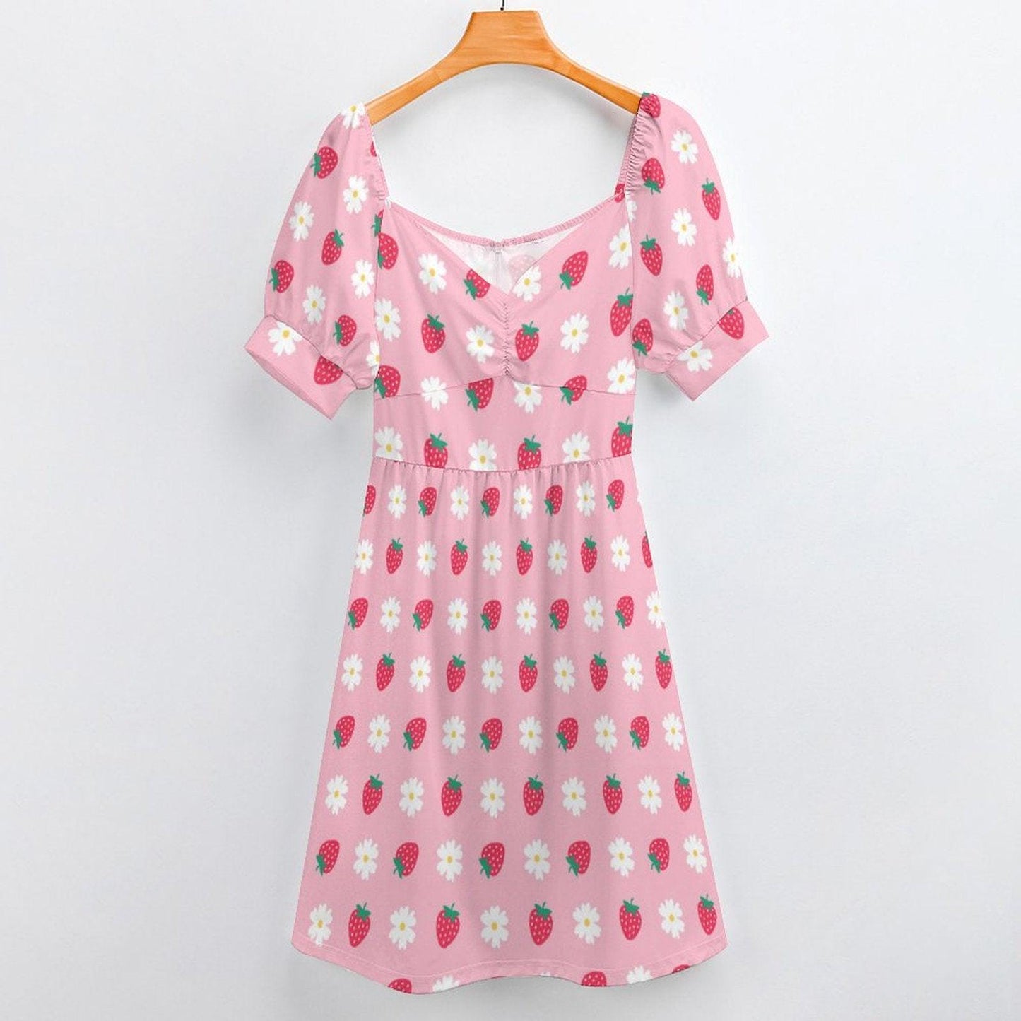 Berry Daisy Midi Dress, Pink Strawberry Outfit, Cute Cottagecore Fashion, Puff Sleeve Summer Dress, Pastel Picnic Clothing,Girly Fairy Dress
