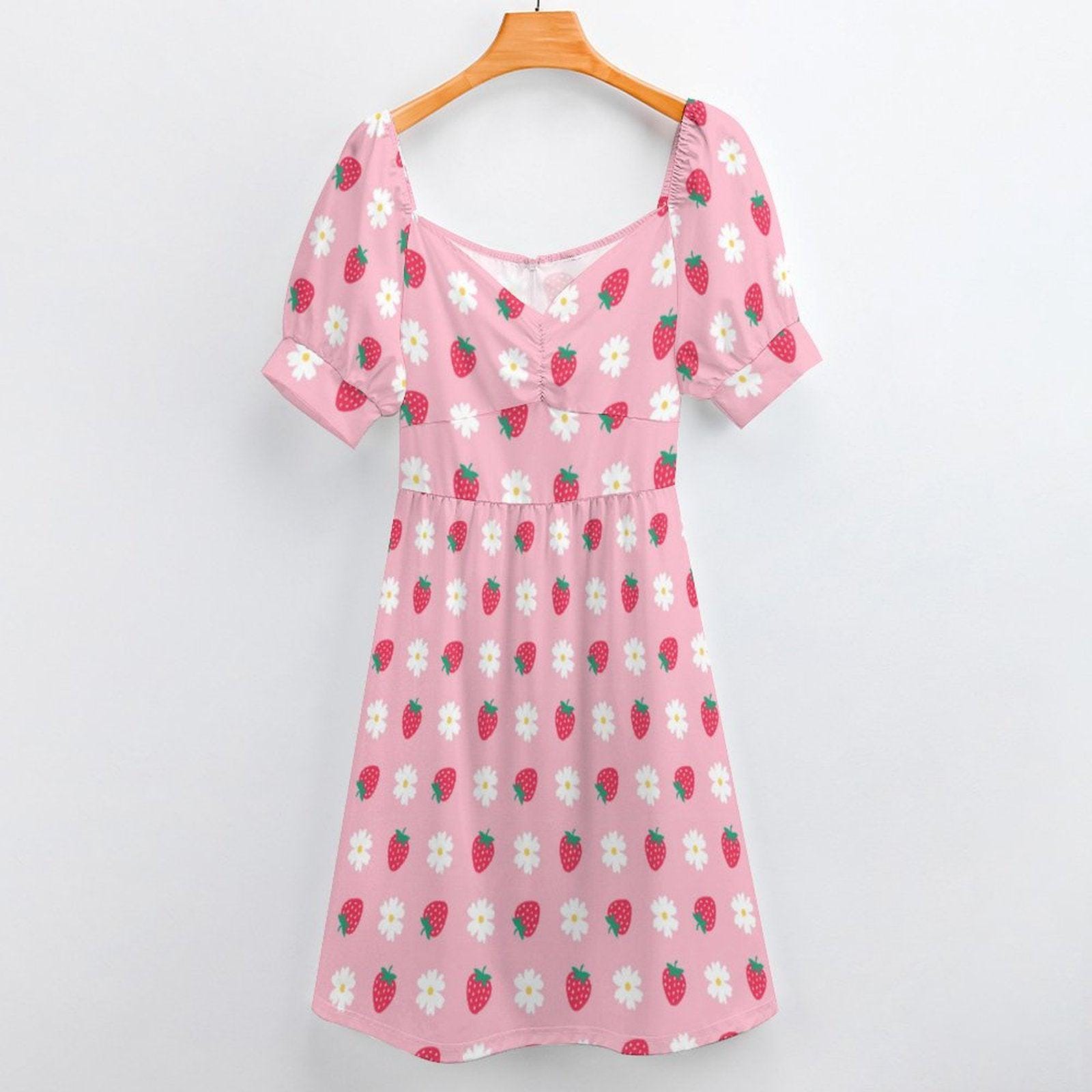 Berry Daisy Midi Dress, Pink Strawberry Outfit, Cute Cottagecore Fashion, Puff Sleeve Summer Dress, Pastel Picnic Clothing,Girly Fairy Dress