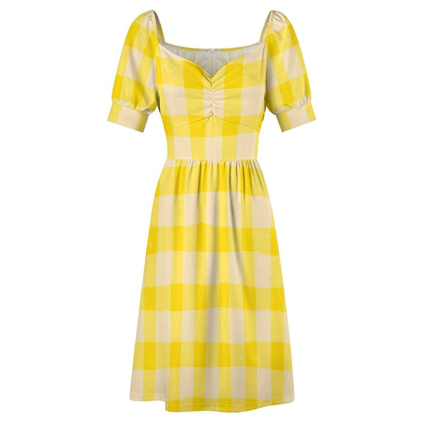 Yellow Gingham Puff Sleeve Midi Dress, Cottagecore Picnic Style, Retro Summer Outfit
