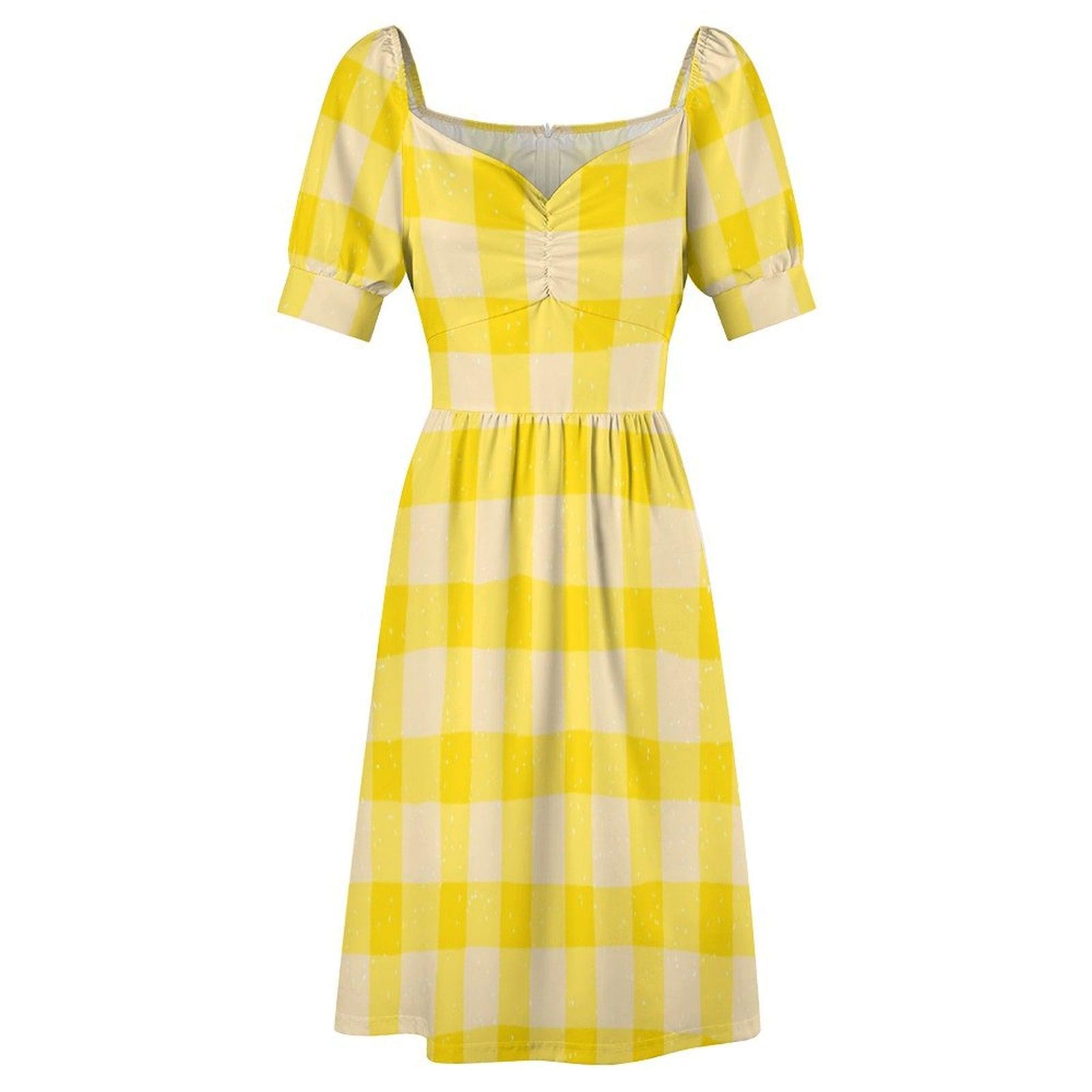 Yellow Gingham Puff Sleeve Midi Dress, Cottagecore Picnic Style, Retro Summer Outfit