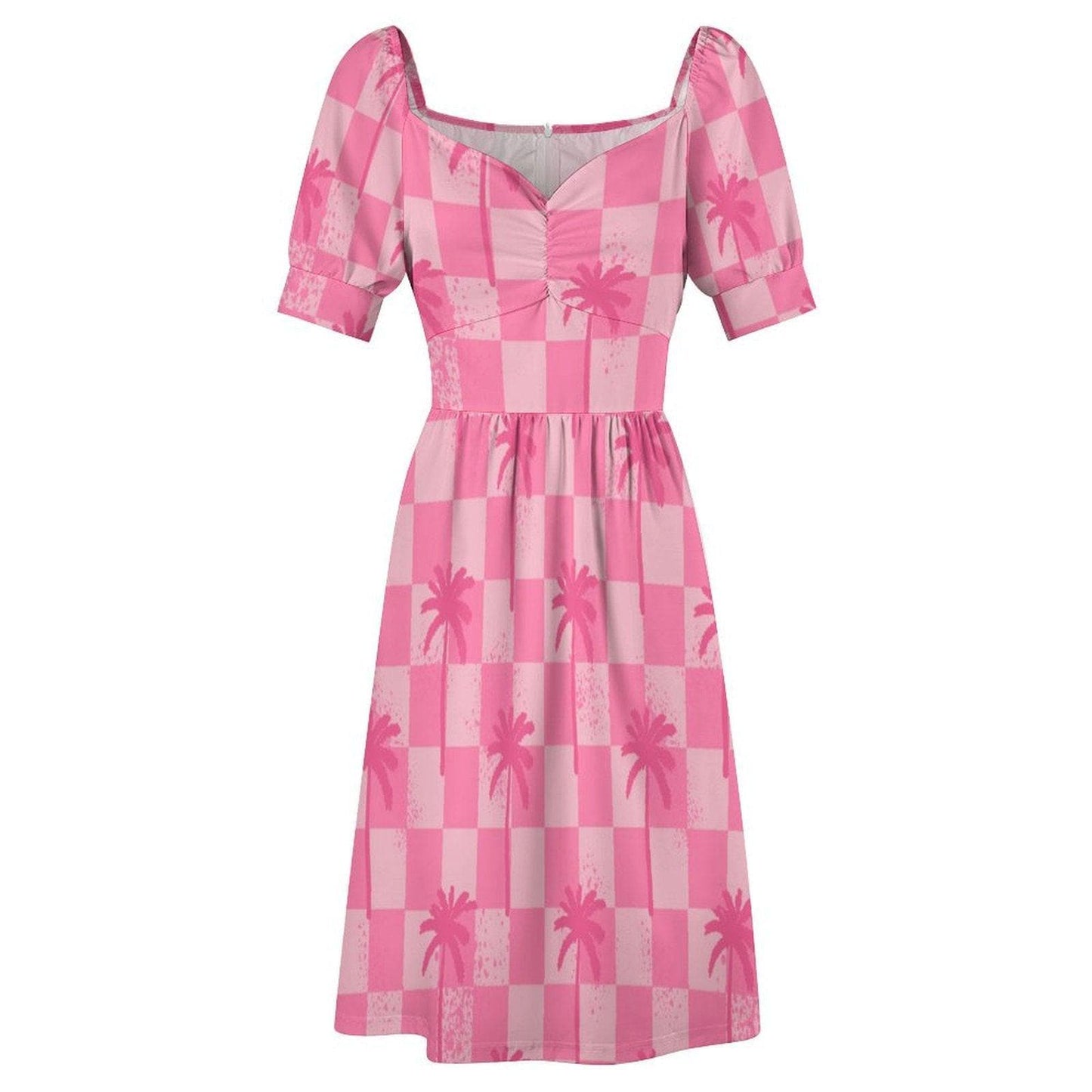 Pink Palm Check Dress, Retro Summer Sundress, Cute Cottagecore Picnic Outfit