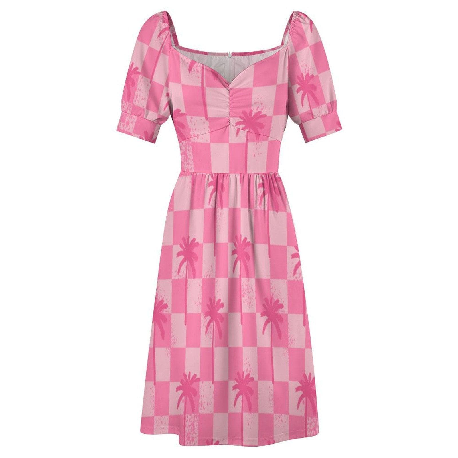 Pink Palm Check Dress, Retro Summer Sundress, Cute Cottagecore Picnic Outfit