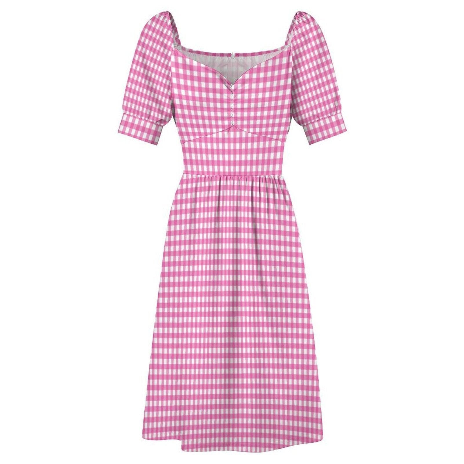 Tiny Check Pink Dress, Gingham Summer Brunch Outfit, Romantic Picnic Girlcore Look, Cottagecore Midi Puff Sleeve Dress, Pink Soft Style