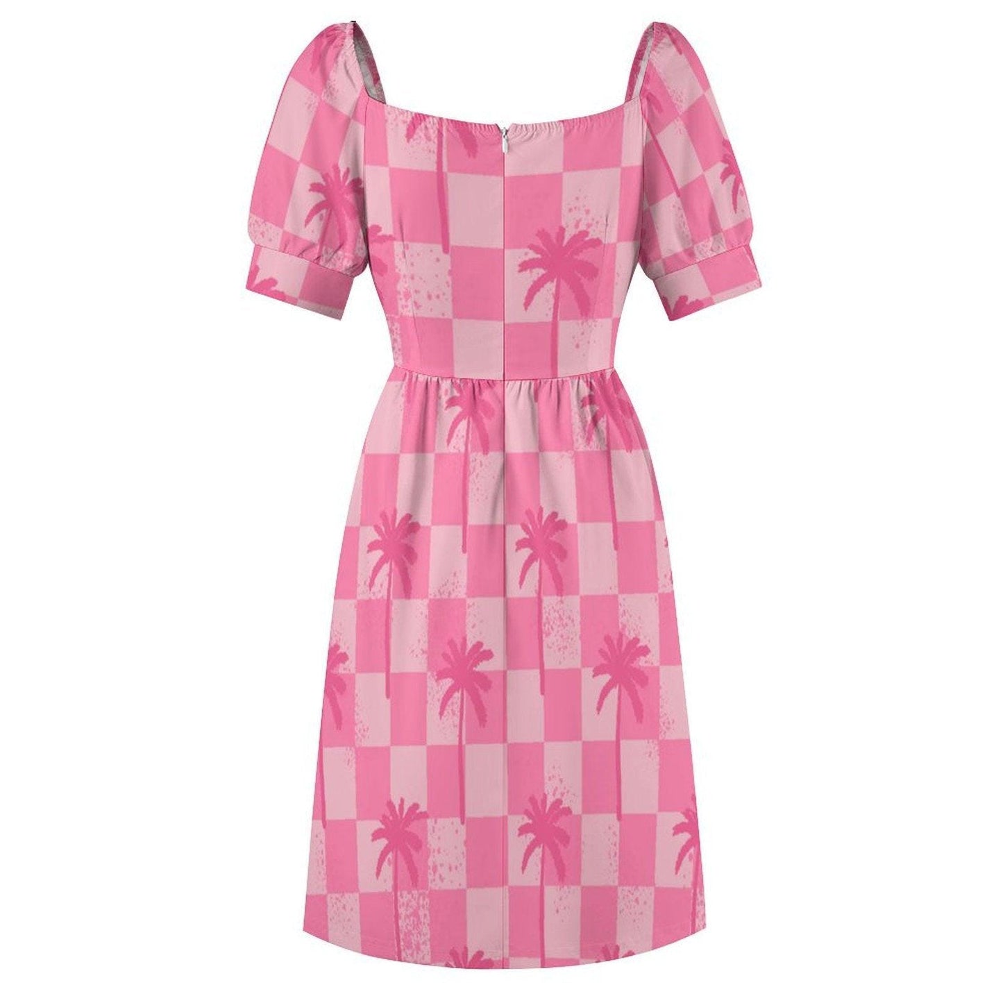 Pink Palm Check Dress, Retro Summer Sundress, Cute Cottagecore Picnic Outfit