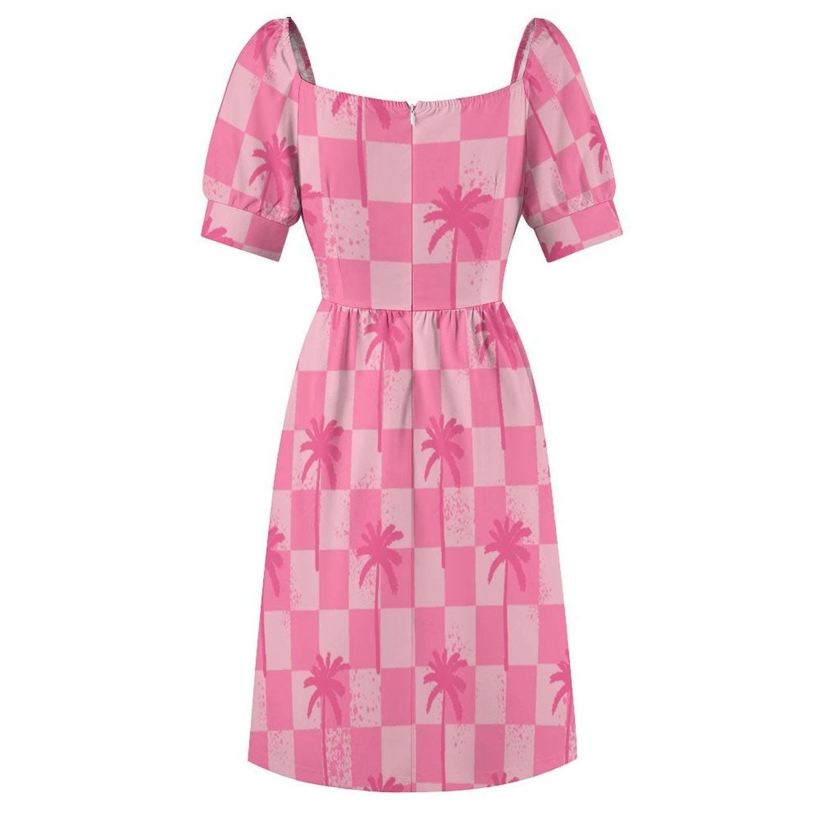 Pink Palm Check Dress, Retro Summer Sundress, Cute Cottagecore Picnic Outfit
