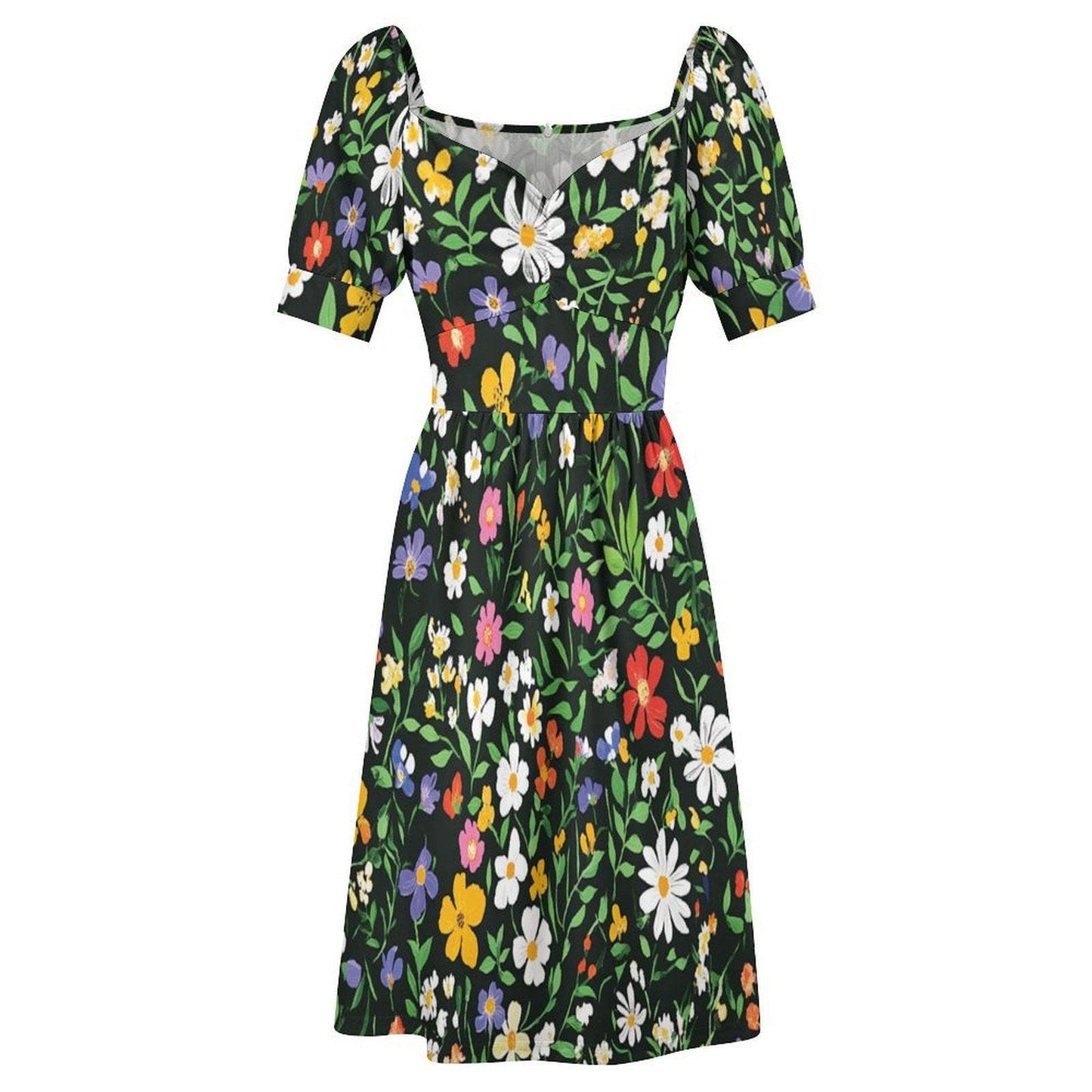 Dark Floral Midi Dress, Vintage Puff Sleeve Dress, Cottagecore Summer Outfit,Floral Garden Clothing,Romantic Fairycore Dress,Retro Tea Party