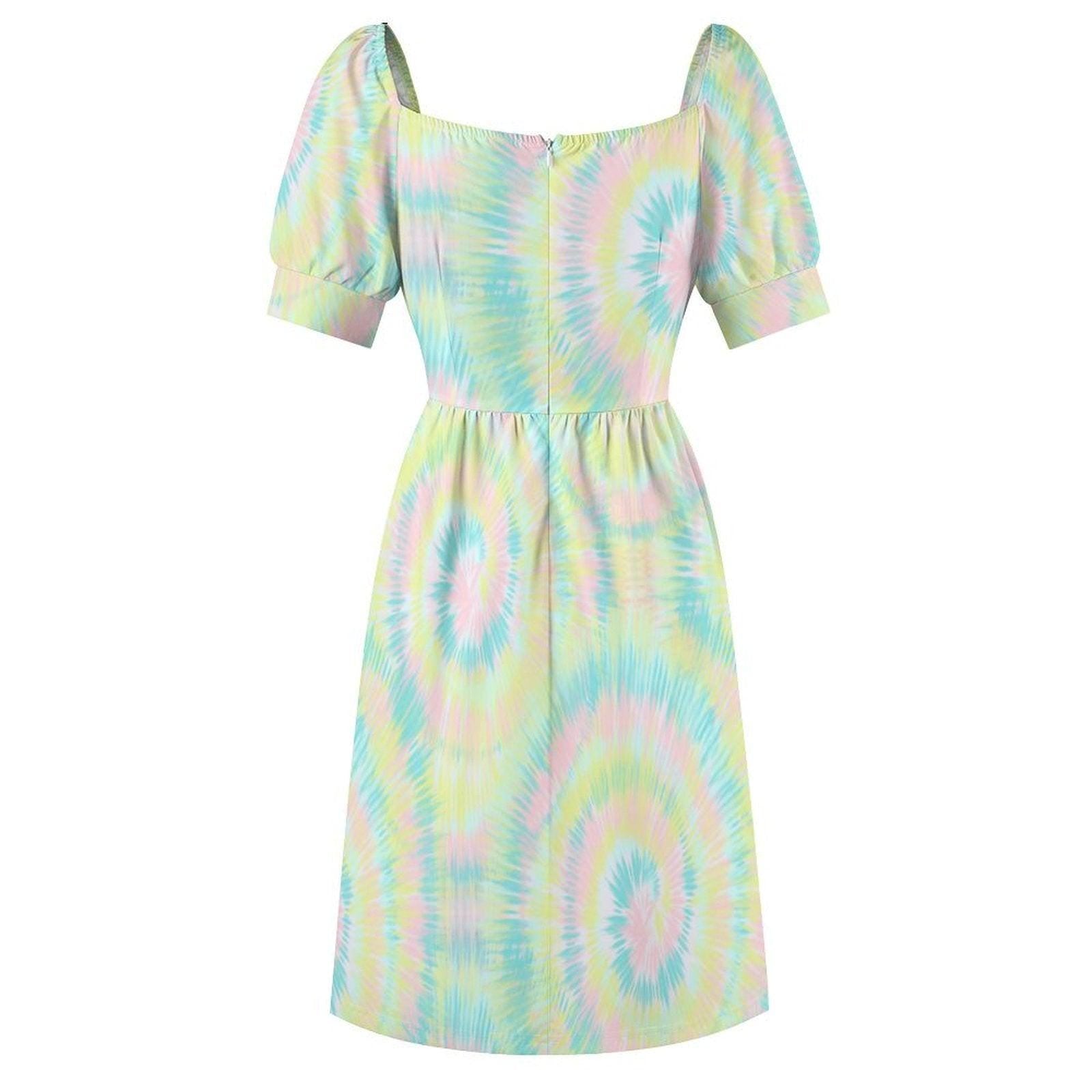 Pastel Tie Dye Midi Dress, Puff Sleeves, Vintage Style