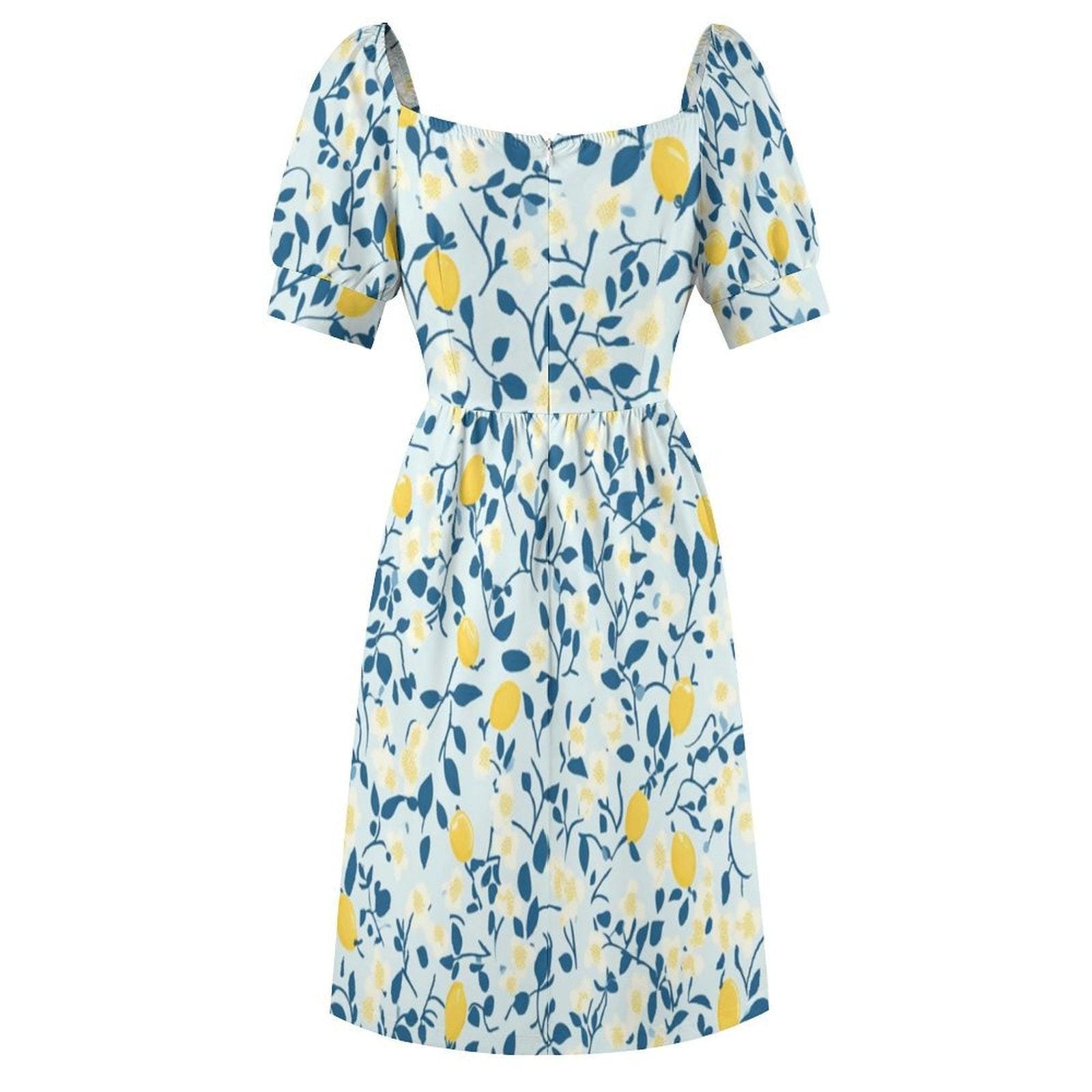 Whimsical Lemon Print Dress, Soft Cottagecore Picnic Style, Puff Sleeve Summer Midi, Fruit Aesthetic Garden Outfit,Sweet Retro Vacation Look