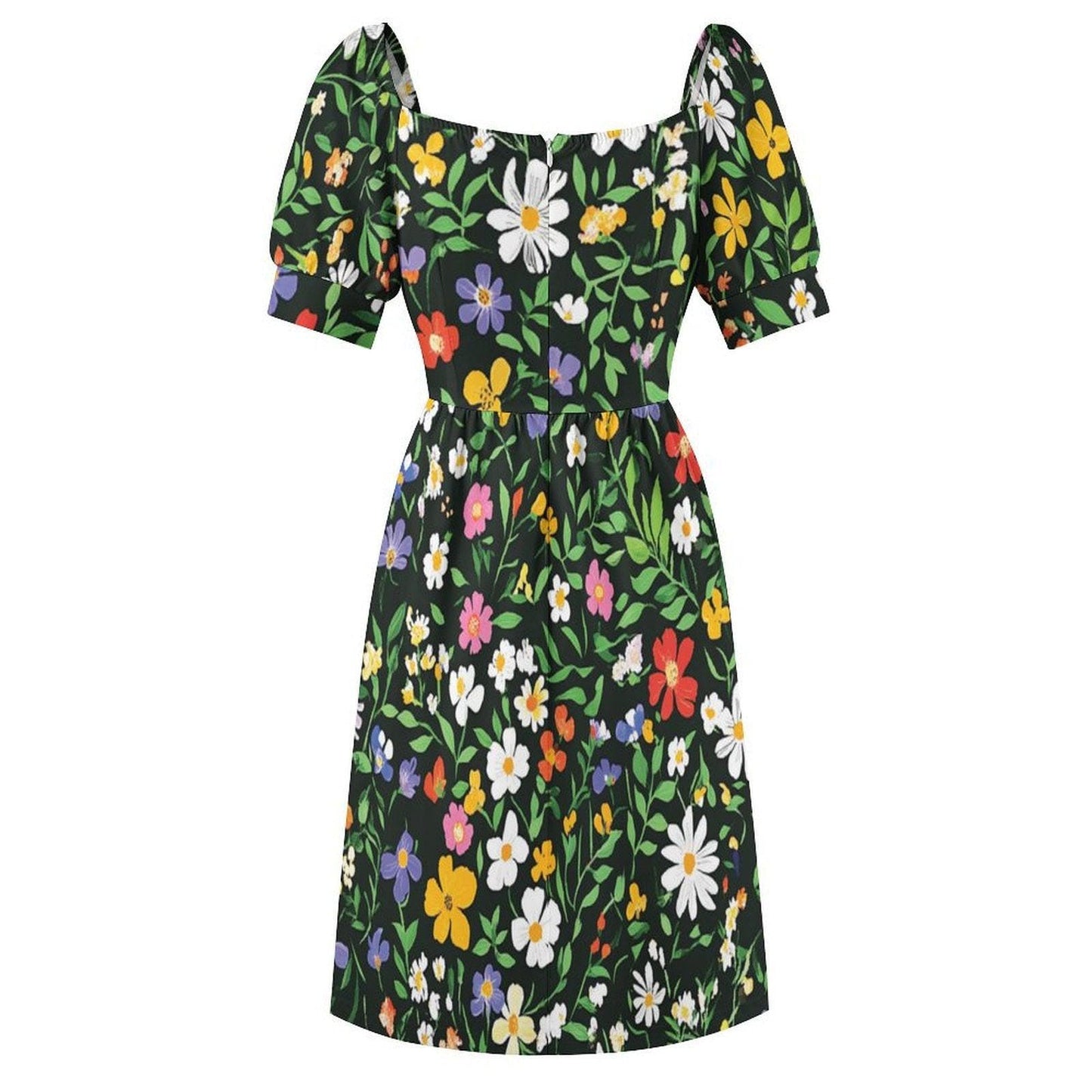 Dark Floral Midi Dress, Vintage Puff Sleeve Dress, Cottagecore Summer Outfit,Floral Garden Clothing,Romantic Fairycore Dress,Retro Tea Party