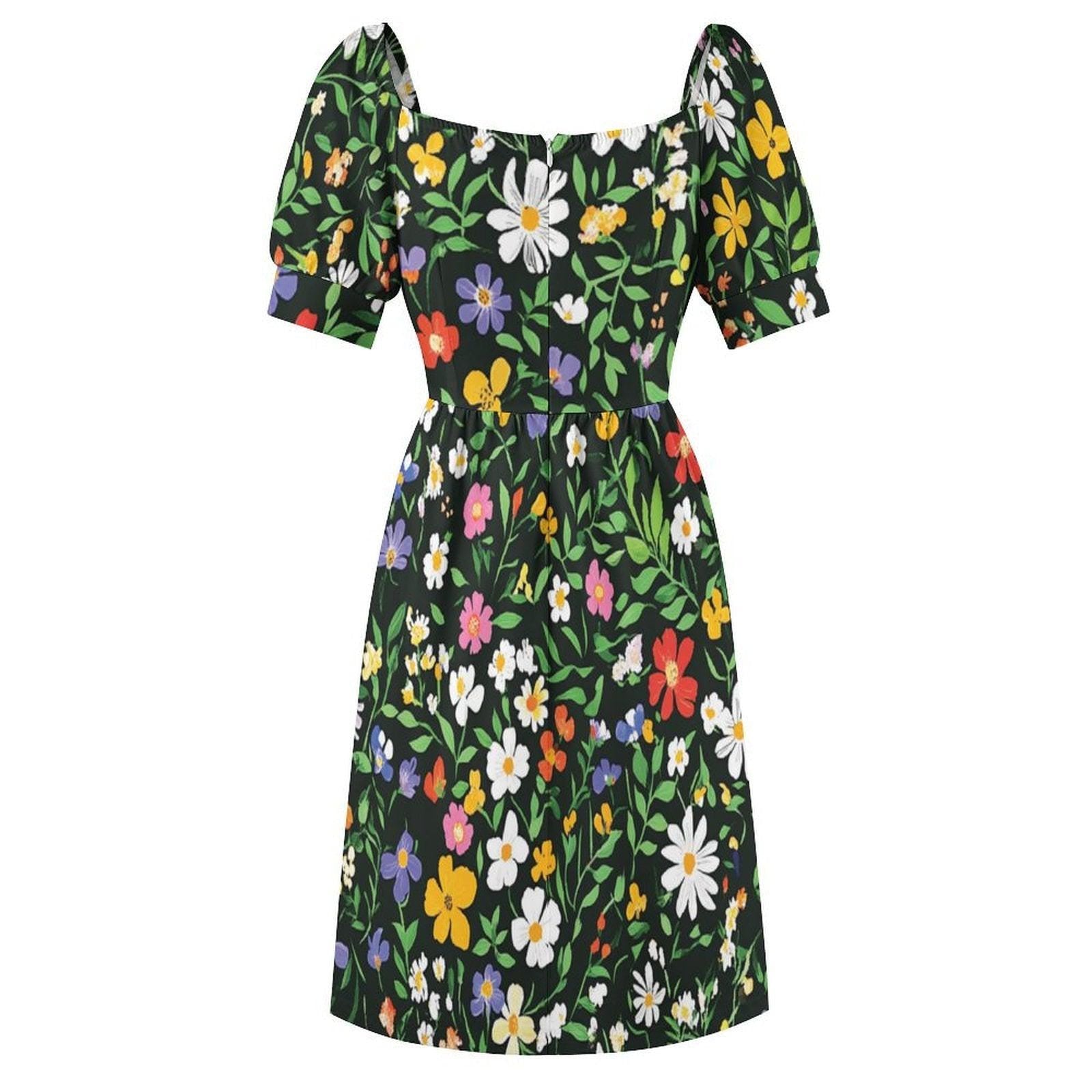 Dark Floral Midi Dress, Vintage Puff Sleeve Dress, Cottagecore Summer Outfit,Floral Garden Clothing,Romantic Fairycore Dress,Retro Tea Party