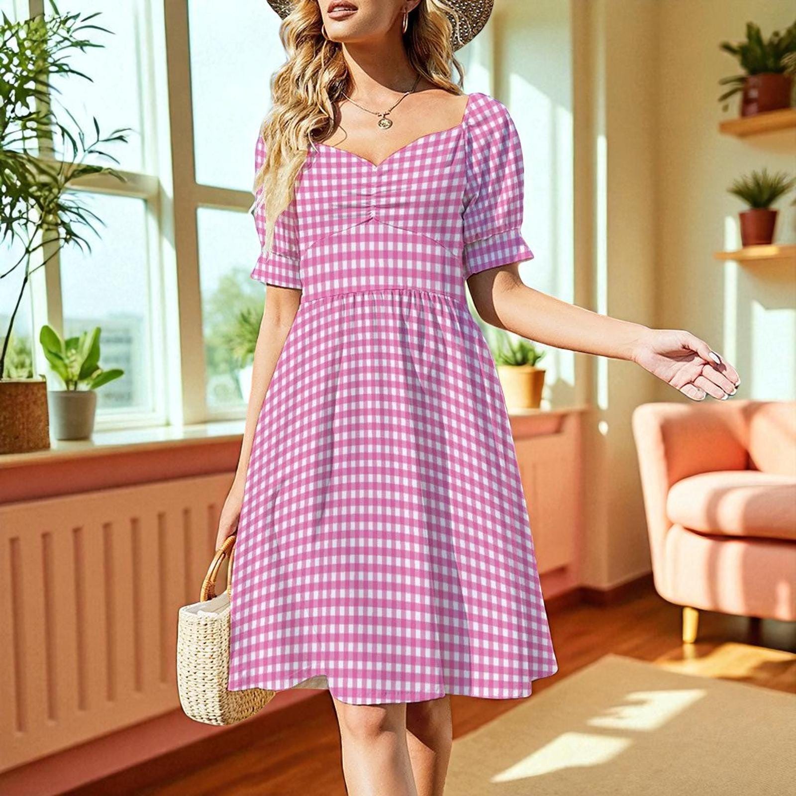 Tiny Check Pink Dress, Gingham Summer Brunch Outfit, Romantic Picnic Girlcore Look, Cottagecore Midi Puff Sleeve Dress, Pink Soft Style