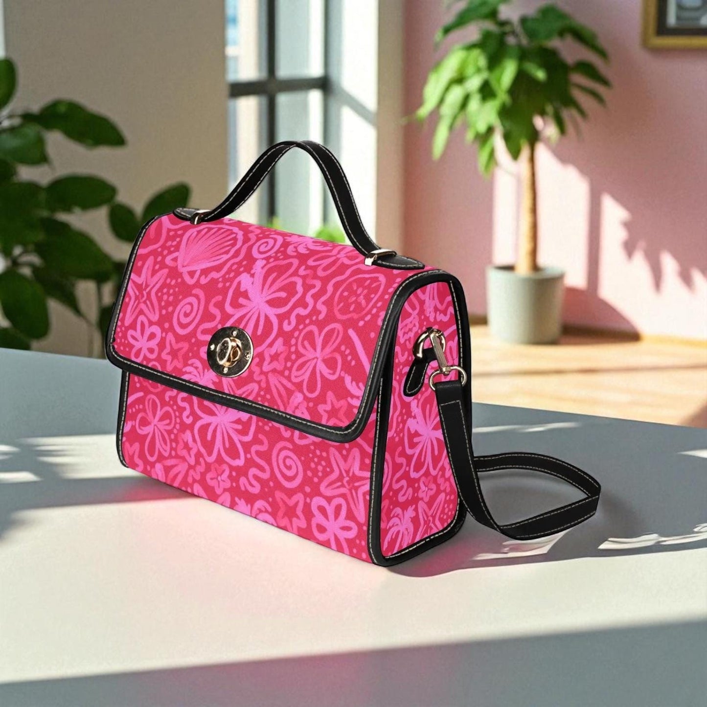 Pink Tropical Clutch Purse, Hot Pink Beach Handbag, Coastal Summer Top Handle Bag, Bold Vacation Statement Purse