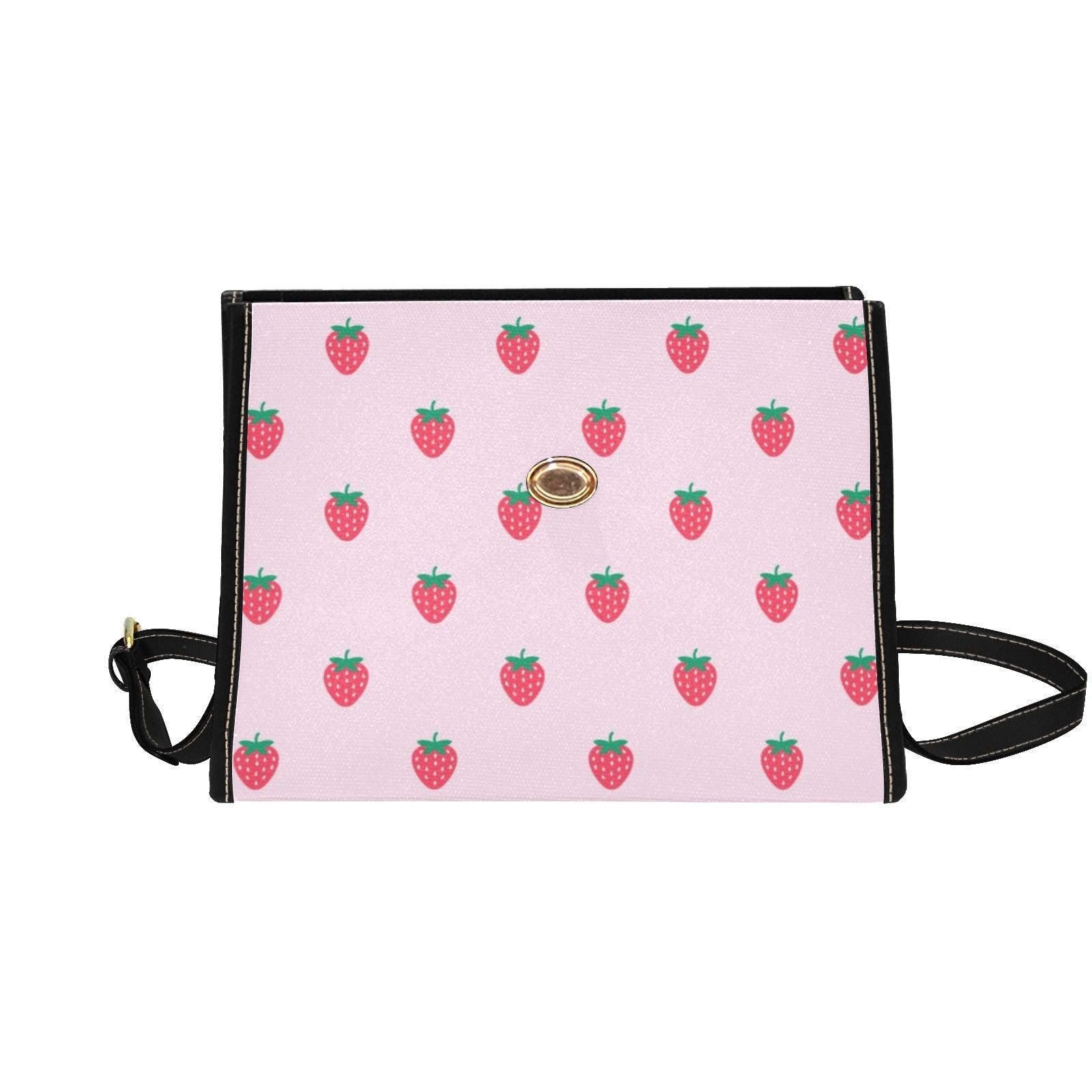 Pink Strawberry Print Satchel Bag, Kawaii Crossbody Handbag, Summer Fruit Purse