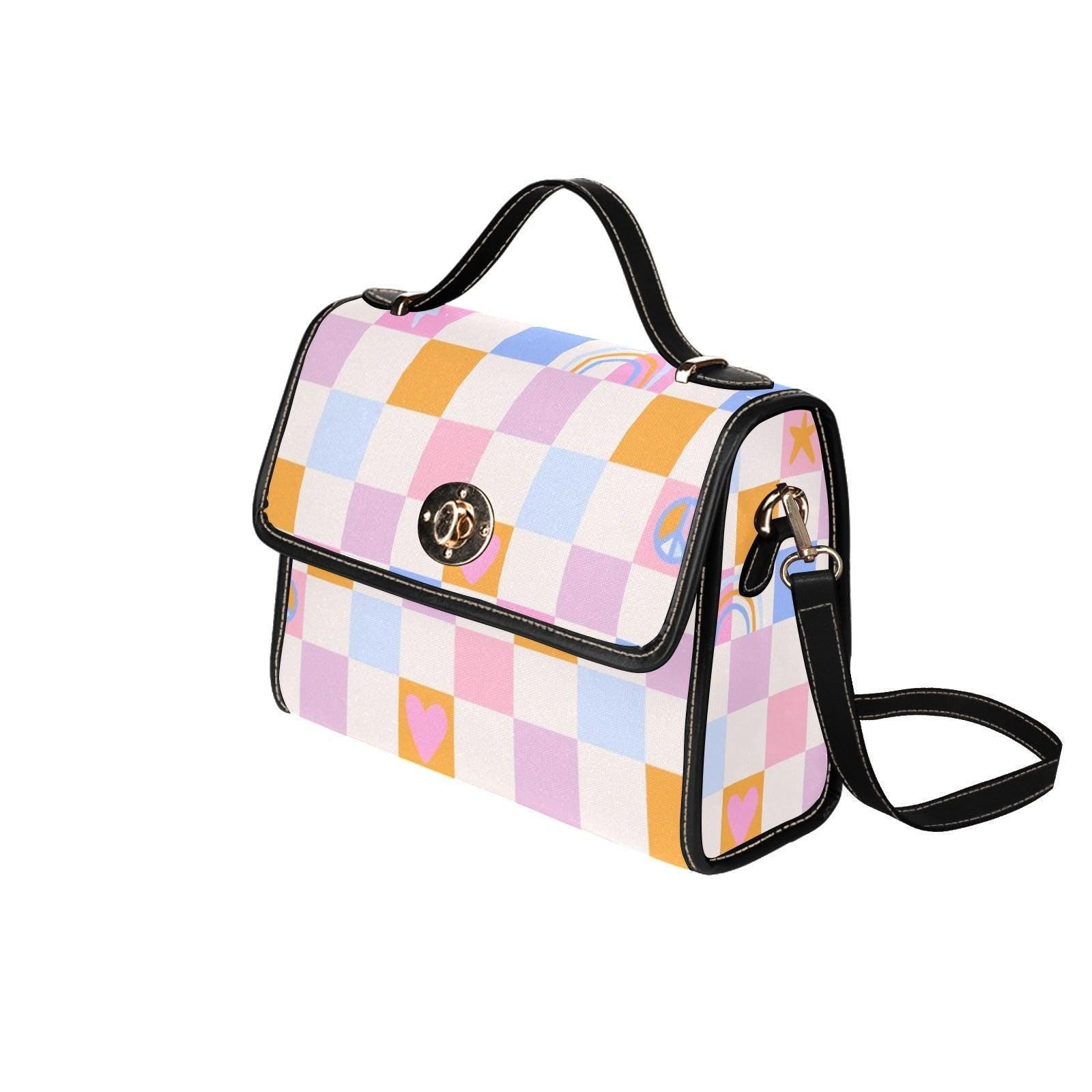 Pastel Checkerboard Peace Bag, Retro Grid Heart Top Handle Purse, Waterproof Canvas, Cute Festival Crossbody
