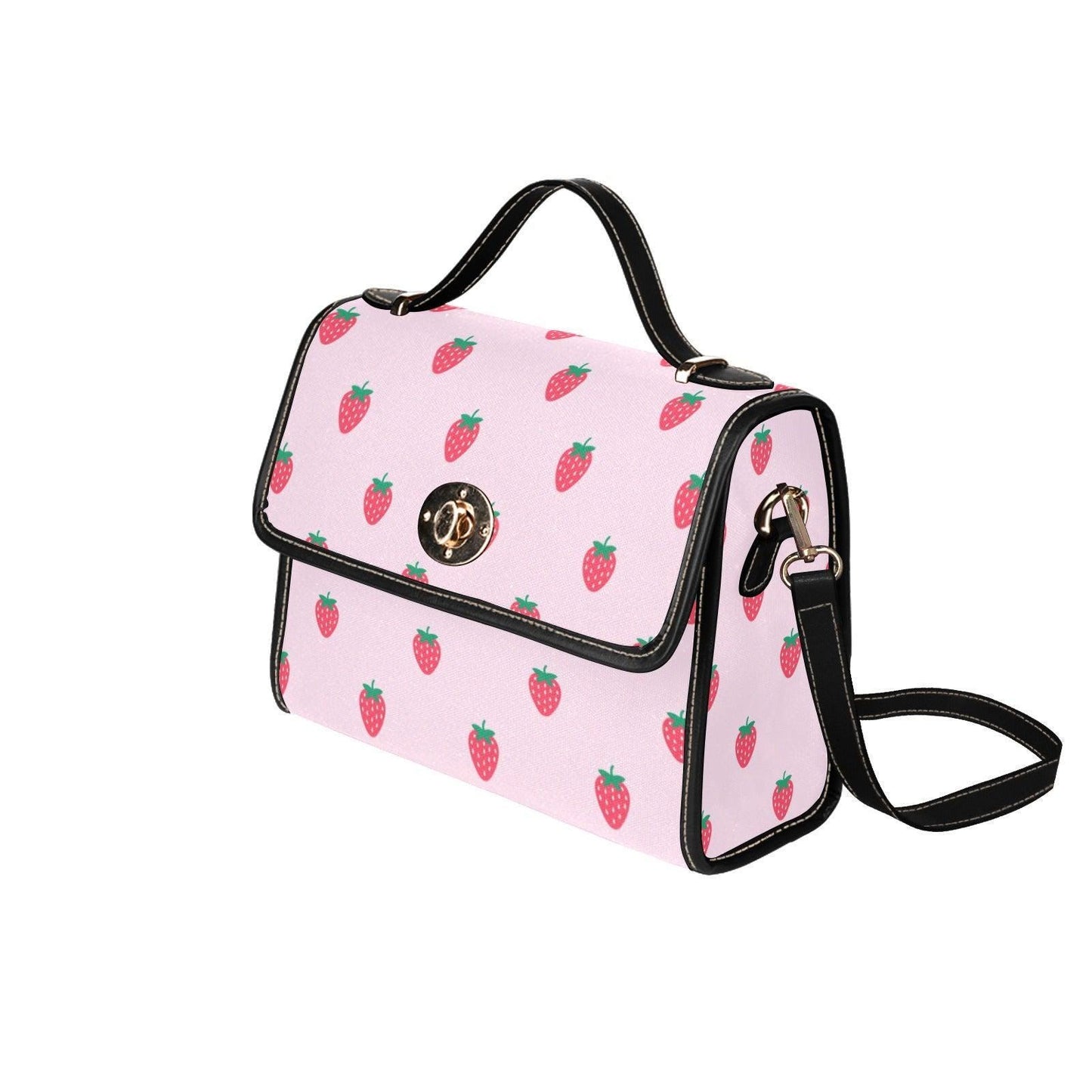 Pink Strawberry Print Satchel Bag, Kawaii Crossbody Handbag, Summer Fruit Purse