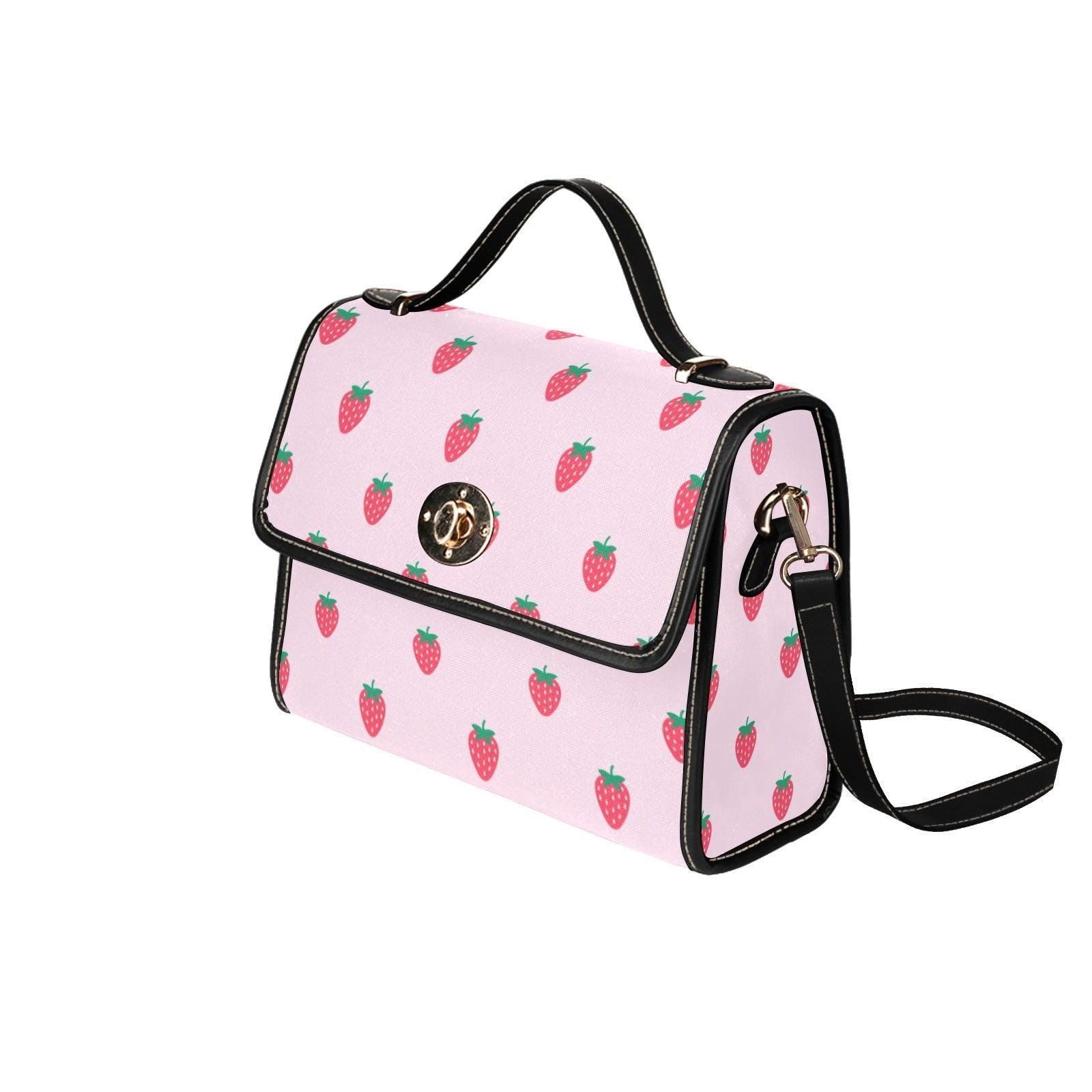 Pink Strawberry Print Satchel Bag, Kawaii Crossbody Handbag, Summer Fruit Purse